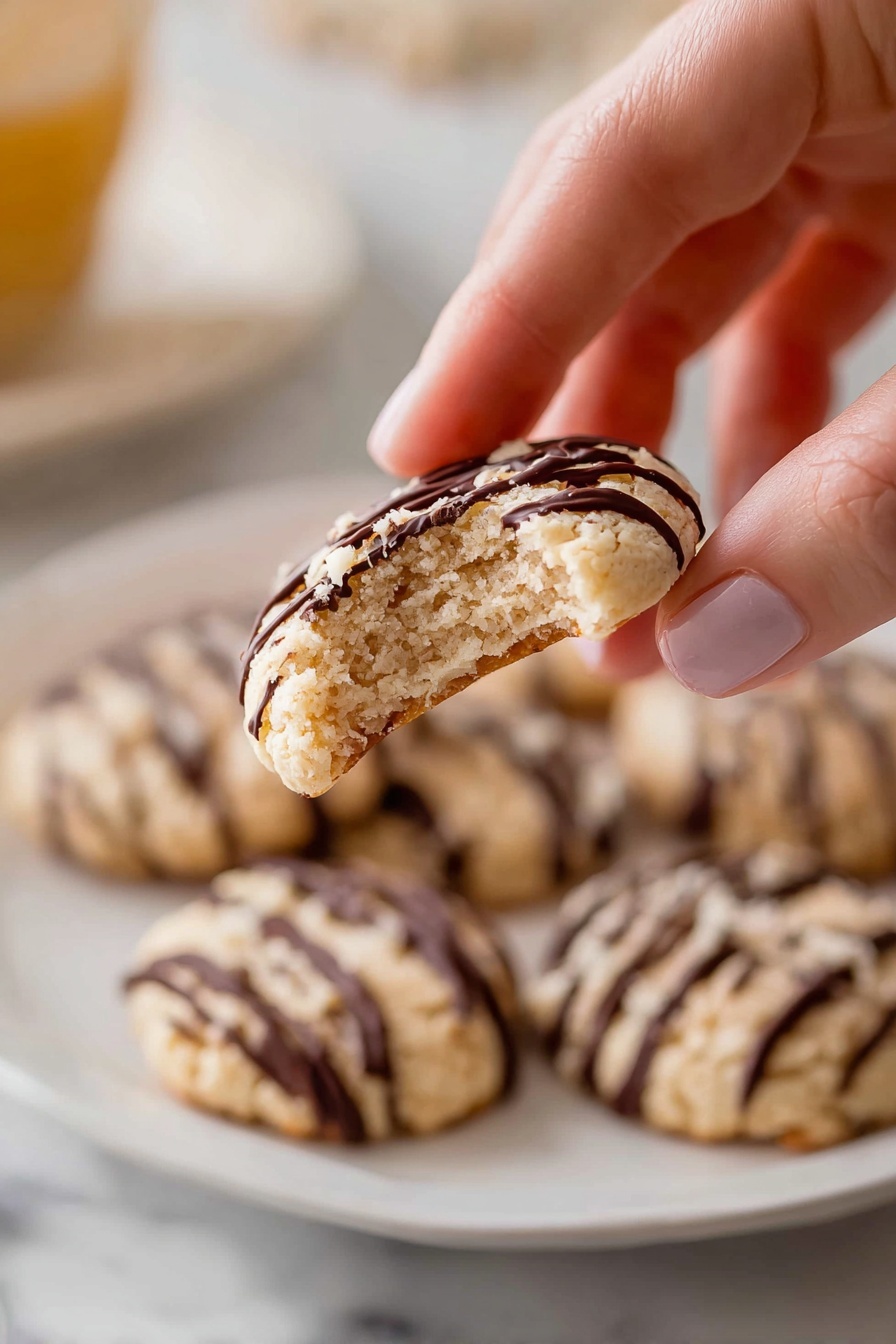 A stack of five round light beige cookies with a slightly crumbly texture sits on a white plate, each cookie decorated with three diagonal lines of thick dark chocolate drizzle and a few tiny white flakes scattered on top. One cookie leans on the stack in the front, showing its smooth, slightly rough surface. In the background, more cookies with similar chocolate drizzle are arranged on another white plate, partially blurred, with a glass of milk nearby. The whole scene is set on a white marbled surface with a few scattered light yellow potato chips adding a touch of color. photo taken with an iphone --ar 2:3 --v 7 - Potato Chip Cookies with Pecan and Chocolate, salty sweet cookies, crunchy potato chip cookies, pecan chocolate cookies, easy homemade snack