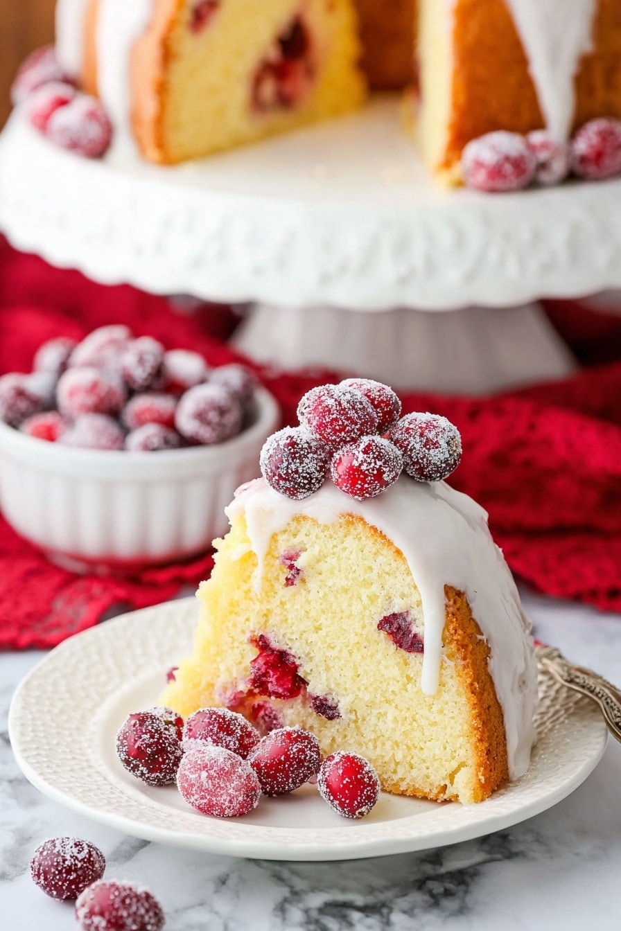 A slice of light yellow cake with visible red fruit pieces inside, topped with white icing that drips down the side, sits on a white plate with a textured edge. On top of the cake slice, there are bright red cranberries coated with a sparkling white sugar layer, with a few cranberries beside the slice on the plate. In the background, part of the larger cake is visible on a white cake stand with a ruffled edge, and a white bowl filled with cranberries sits on a white marbled surface with a red cloth underneath. Photo taken with an iphone --ar 2:3 --v 7 - Cranberry White Chocolate Bundt Cake, festive holiday cake, cranberry dessert, white chocolate cake, moist Bundt cake recipe