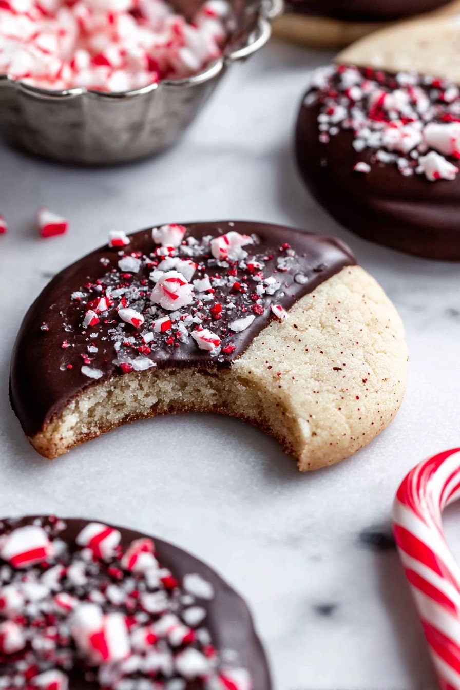 A group of round, pale beige cookies arranged closely on a white marbled surface. Each cookie has one half dipped in dark, smooth chocolate with a shiny texture. On top of the chocolate layer, small rough pieces of red and white crushed peppermint candy are scattered evenly. Two whole candy canes with red and white stripes lie among the cookies on the surface, adding a festive touch. The overall look is neat and colorful with a contrast between the light cookie base and the dark chocolate topping highlighted by bright red candy bits. photo taken with an iphone --ar 2:3 --v 7 - Chocolate Peppermint Sugar Cookies, holiday cookies with peppermint and chocolate, festive cookie recipes, peppermint sugar cookies, chocolate-dipped holiday treats