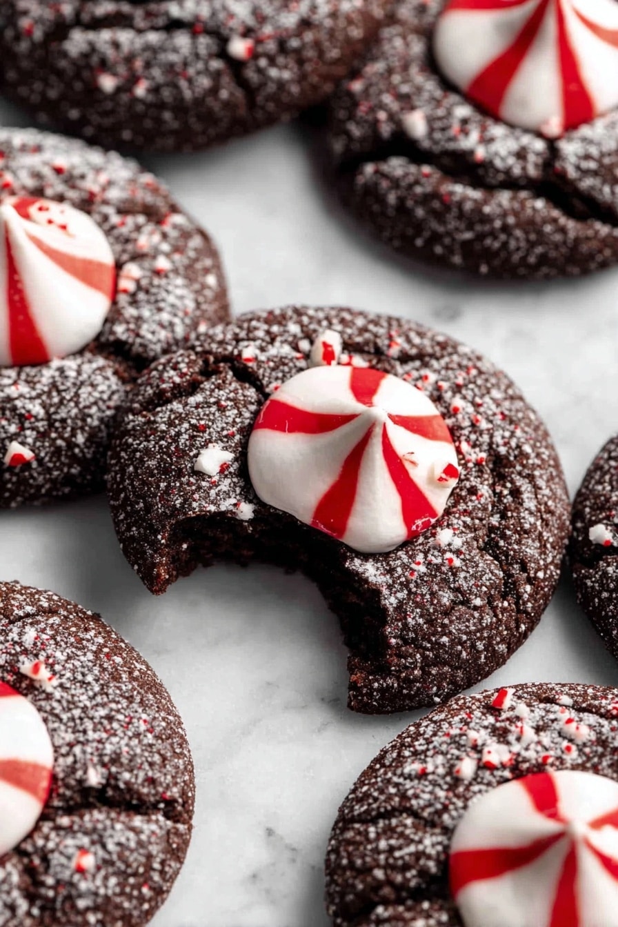 The image shows many dark chocolate cookies arranged closely on a white marbled surface. Each cookie has one layer, which is round, slightly cracked, and dusted lightly with white sugar giving a textured, sparkling look. On top of each cookie, there is a single round peppermint candy with a smooth white base and bright red stripes running vertically, placed right in the center. The candy has a shiny, glossy texture that contrasts with the roughness of the cookie. photo taken with an iphone --ar 2:3 --v 7 - Chocolate Peppermint Kiss Cookies, Chocolate Peppermint Cookies, Peppermint Hershey’s Kiss Cookies, Holiday Chocolate Cookies, Chewy Mint Chocolate Cookies