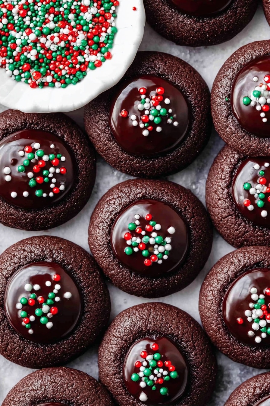 The image shows many dark chocolate cookies arranged neatly on a white wooden cutting board with a handle. Each cookie has a glossy dark chocolate center topped with small round sprinkles in red, white, and green colors, giving a festive look. Near the top right corner of the board, there is a small bowl also filled with the red, white, and green sprinkles. In the background, you see a white plate holding more of the same cookies on a white marbled surface. There are red Christmas decorations and a small green tree placed around the board and plate for a holiday feel. Photo taken with an iphone --ar 2:3 --v 7 - Chocolate Thumbprint Cookies with Ganache, easy chocolate thumbprint cookies, decadent thumbprint cookie recipe, holiday chocolate cookies, quick chocolate dessert