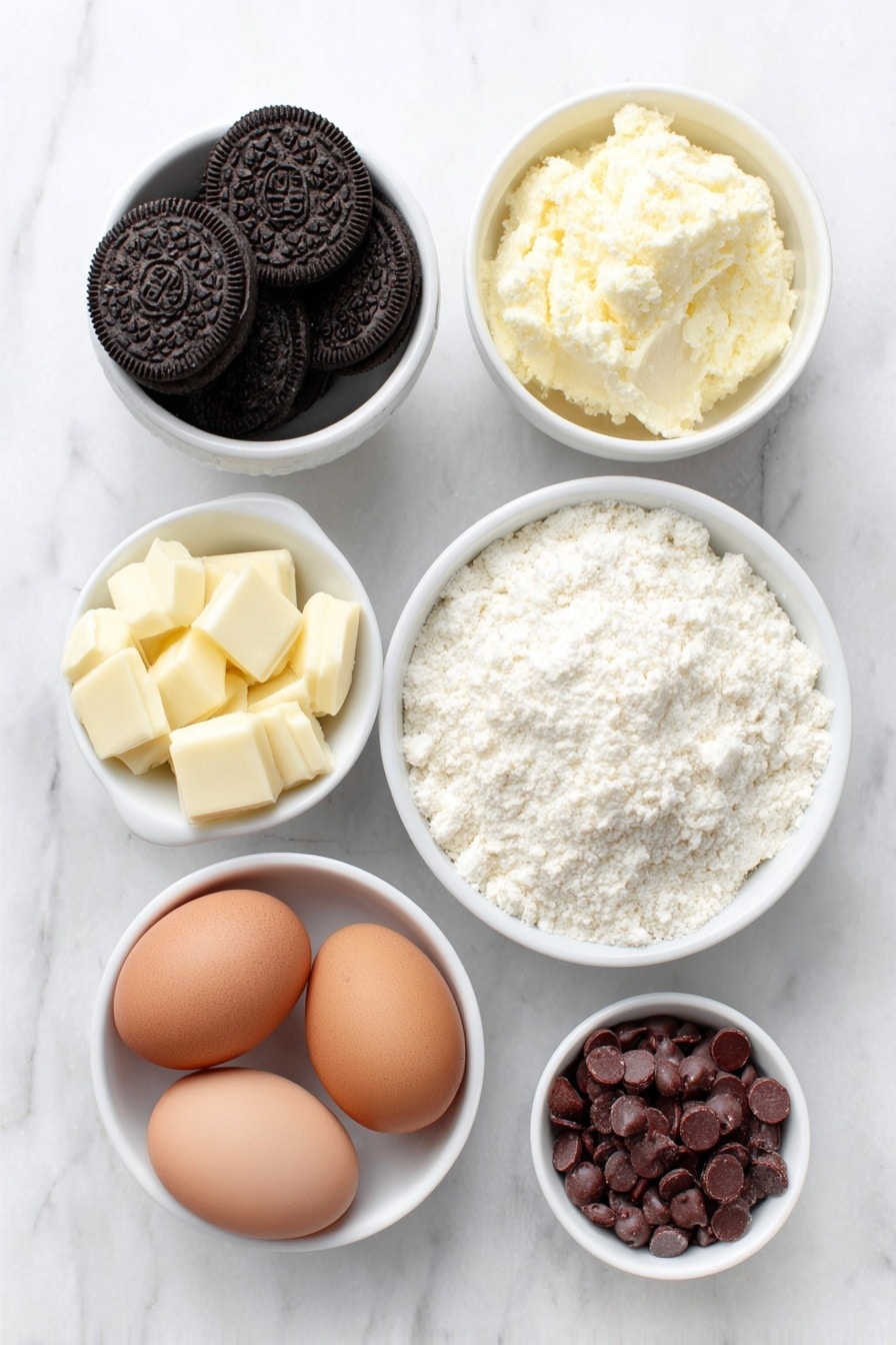 Flat lay of a small pile of whole Oreo cookies, crushed Oreo cookie crumbs in a simple white ceramic bowl, a mound of smooth white chocolate chunks, a small white bowl filled with shiny Andes peppermint candy pieces, two whole uncracked brown eggs, and a small white bowl containing glossy milk chocolate chips, all arranged symmetrically on a clean white marble surface, soft natural light, photo taken with an iPhone, professional food photography style, fresh ingredients, white ceramic bowls, no bottles, no duplicates, no utensils, no packaging --ar 2:3 --v 7 --p m7354615311229779997 - Oreo Peppermint Bark, peppermint bark recipe, holiday dessert, peppermint chocolate bark, quick Christmas treats