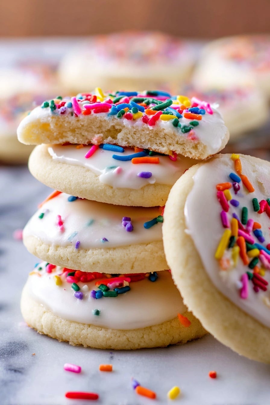 A round sugar cookie with a smooth pale beige base is placed on a white marbled surface. Half of the cookie is coated with a thick layer of shiny white icing that flows slightly over the edge, topped with colorful sprinkles in red, pink, blue, green, yellow, orange, purple, and white, scattered unevenly. The other half of the cookie is plain, showing the soft texture of the baked dough. More rainbow sprinkles are loosely spread around the cookie on the surface. photo taken with an iphone --ar 2:3 --v 7 - Best Sugar Cookie Recipe for Cut-Out Cookies, cut-out sugar cookies, homemade cookie recipes, holiday cookie ideas, easy sugar cookies