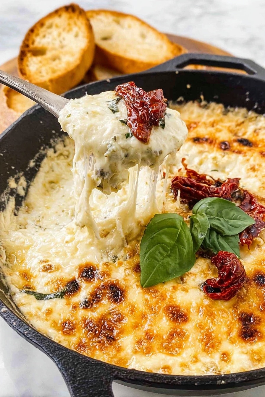 A black cast iron skillet filled with a thick, creamy baked cheese dip with a golden brown top layer, speckled with darker toasted spots. The cheese layer looks gooey and stretchy as a spoon lifts a portion, showing melted cheese strings and some green basil leaves inside. On top of the cheese, there are red sun-dried tomato pieces and two fresh green basil leaves sprinkled with coarse salt. Next to the skillet, there are slices of toasted bread. The whole scene is set on a white marbled surface. Photo taken with an iphone --ar 2:3 --v 7 - Tuscan Cheese Dip with Sun-Dried Tomatoes, Italian cheese dip recipe, creamy sun-dried tomato appetizer, easy cheese and spinach dip, party dip with sun-dried tomatoes