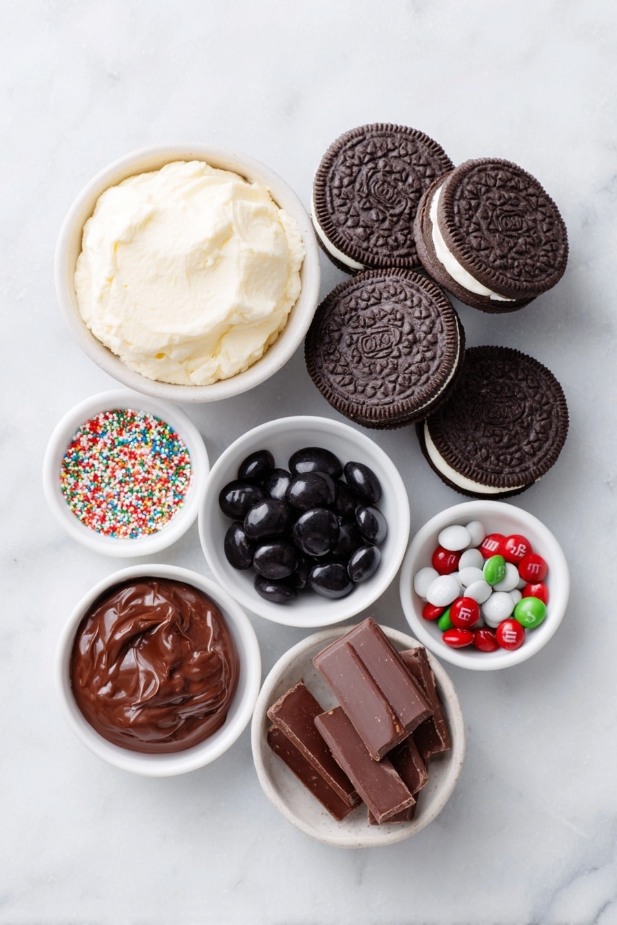 Flat lay of two stacks of chocolate sandwich cookies with white cream filling, a small white ceramic bowl filled with smooth dark chocolate melting wafers, a small white ceramic bowl containing glossy black candy melts, a small white ceramic bowl holding tiny round multicolored sprinkles, and a small cluster of red and brown M&M candies scattered neatly, all arranged symmetrically on a clean white marble surface, soft natural light, photo taken with an iPhone, professional food photography style, fresh ingredients, white ceramic bowls, no bottles, no duplicates, no utensils, no packaging --ar 2:3 --v 7 --p m7354615311229779997 - Reindeer Oreo Cookies, festive holiday cookies, Christmas dessert ideas, easy holiday treats, adorable reindeer cookies