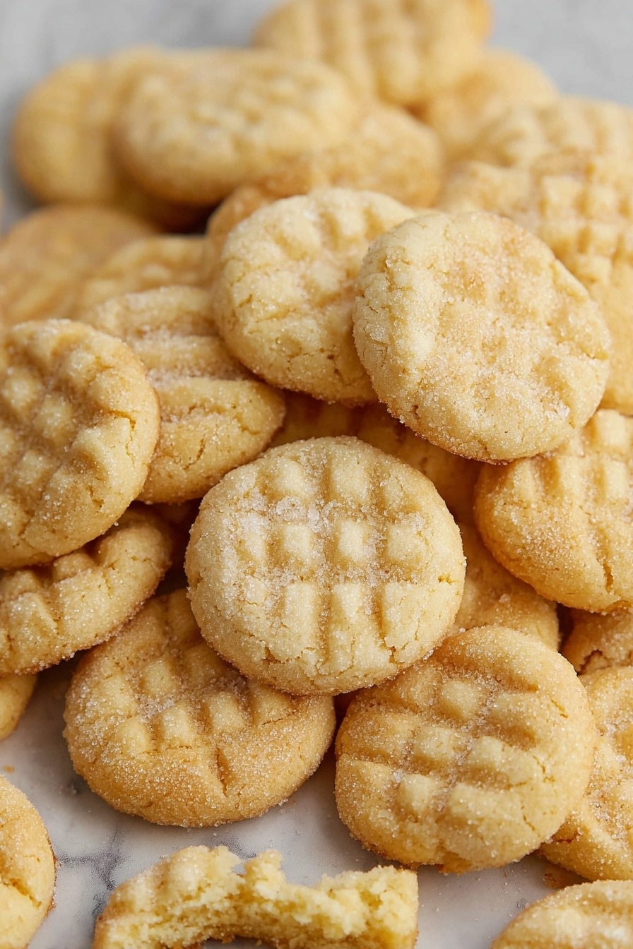 A light beige batch of small round cookies with a waffle-like grid pattern rests on a white baking tray with slight sugar dusting. Some cookies are stacked loosely on a bright red spatula in the center, surrounded by more cookies lying flat on the tray. In the top background, another white container holds more cookies, softly blurred, all set on a white marbled surface. Photo taken with an iphone --ar 2:3 --v 7 - Mini Sugar Cookies, sugar cookie bites, easy sugar cookies, soft and crunchy cookies, party cookie recipes