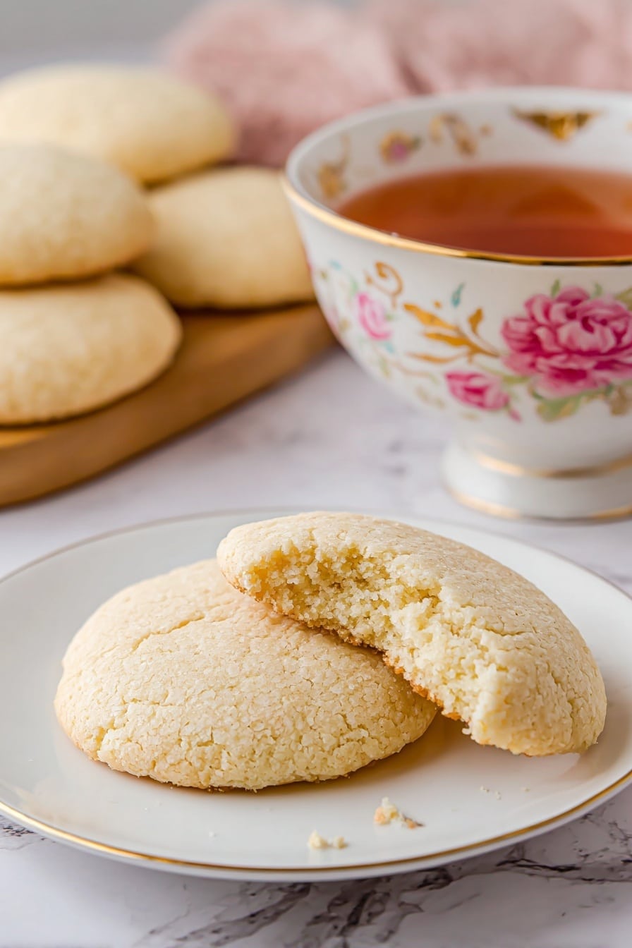 A close-up of a woman's hand holding a round cookie with a light beige color and a porous texture with small holes all over its surface. Below and behind the cookie, there are several more cookies stacked closely together on a white marbled surface. The cookies appear soft and slightly raised with smooth edges, creating a neat and uniform pile photo taken with an iphone --ar 2:3 --v 7 - Classic Old-fashioned Tea Cakes, old-fashioned tea cakes, vintage tea cakes recipe, simple tea cakes, traditional tea cakes