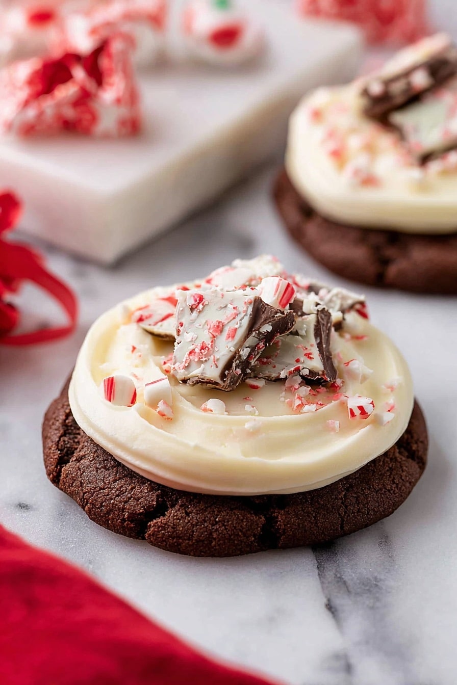 The image shows four thick, round chocolate cookies placed inside an open brown box lined with a white cloth patterned with green holly leaves and red berries. Each cookie has one layer of light cream-colored frosting swirled smoothly on top, with several chunks of white and dark chocolate pieces sprinkled on the frosting. The cookies have a rich dark brown color with a slightly cracked texture. Around the box, there are two red and white peppermint candies and a red cloth with white holiday text and designs lying on a white marbled surface. photo taken with an iphone --ar 2:3 --v 7 - Peppermint Bark Cookies, peppermint bark cookies recipe, holiday chocolate peppermint cookies, peppermint cookie recipe, festive peppermint treats