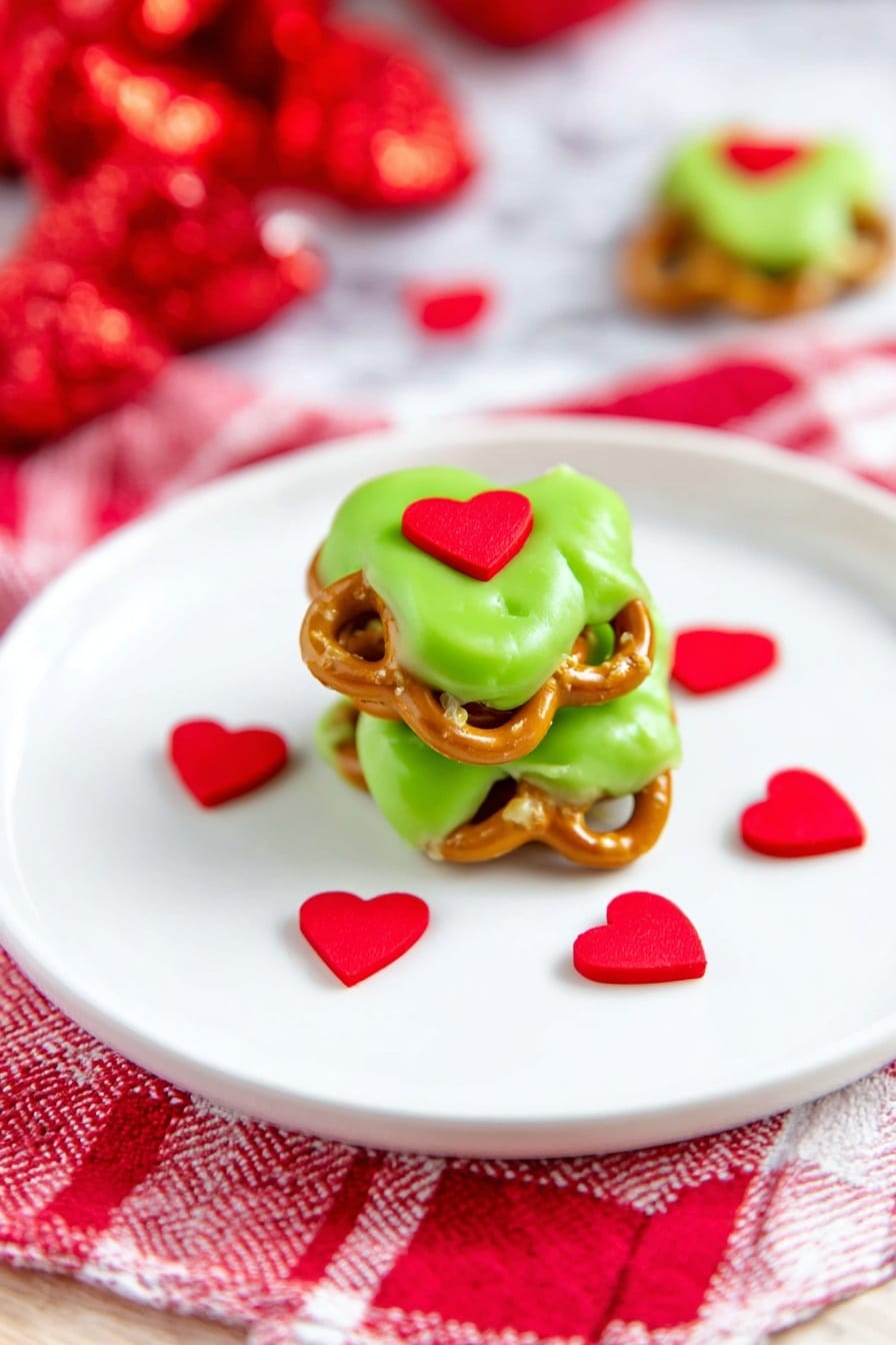 The image shows small snacks made of pretzels partly covered in smooth, bright green coating arranged in neat rows on a light wooden board. Each snack has a tiny red heart decoration placed on the green part, giving a festive feel. A few more of these snacks are stacked on a plain white plate below the wooden board, which is set on top of a red and white checked cloth with snowflake patterns and small red heart-shaped decorations scattered around. The background is a white marbled surface with a red bead necklace adding a touch of color. photo taken with an iphone --ar 2:3 --v 7 - Grinch Pretzel Bites Caramel and Candy Melts, festive holiday treats, easy holiday snacks, green pretzel bites with caramel, Christmas party desserts