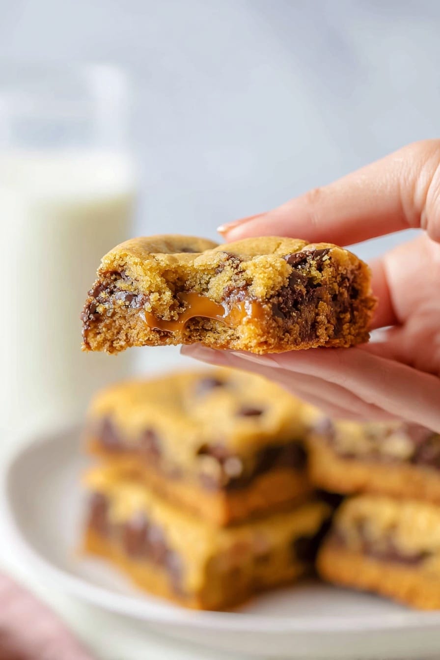 A stack of three square cookie bars is shown on a white plate, each bar having a golden brown top with a slightly cracked texture and sprinkled with coarse salt. The top layer is uneven and soft looking with areas showing melted caramel or butterscotch within the dough. The middle layer is thicker and appears chewy with visible chocolate chips peeking through the edges. The bottom layer is a dense, slightly darker brown crust. The plate sits on a white marbled texture with a light blue cloth and woven mat partially visible in the background. Photo taken with an iphone --ar 2:3 --v 7 - Salted Caramel Chocolate Chip Cookie Bars, caramel cookie bar recipe, easy caramel cookie bars, gooey caramel cookie bars, homemade caramel cookie bars
