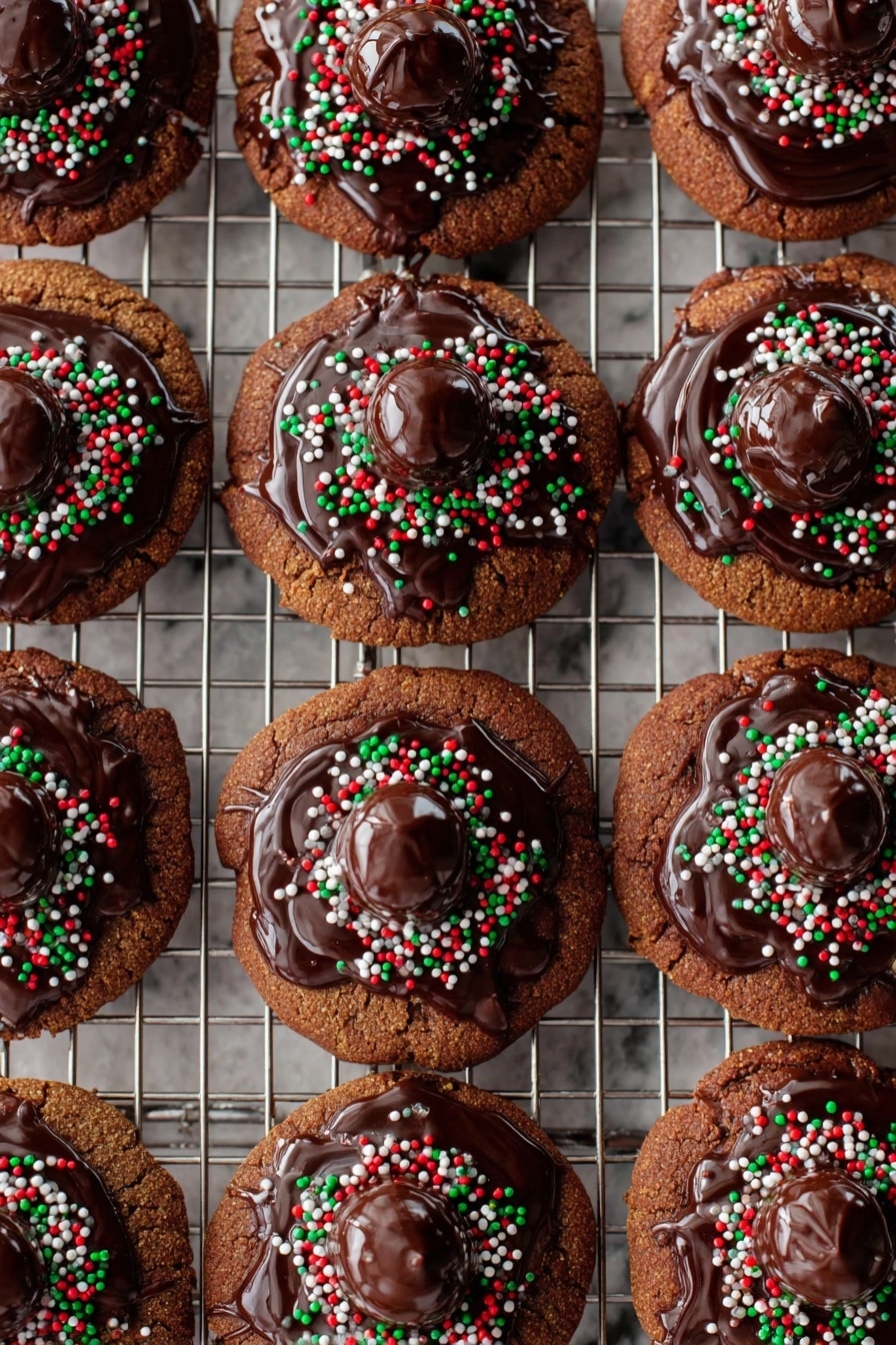 A close-up view shows a single round chocolate cookie held by a woman's hand, with a bite taken out of the bottom edge. The cookie has two layers: a dark brown soft base and a thick shiny dark chocolate layer on top. The top is decorated with small round sprinkles in red, green, and white colors. In the background, blurred, more cookies with the same decoration lie on a white marbled surface. Photo taken with an iphone --ar 2:3 --v 7 - Hot Chocolate Cookies with Marshmallows, chocolate cookies with marshmallows, cozy chocolate treat, easy hot chocolate cookies, gooey marshmallow cookies