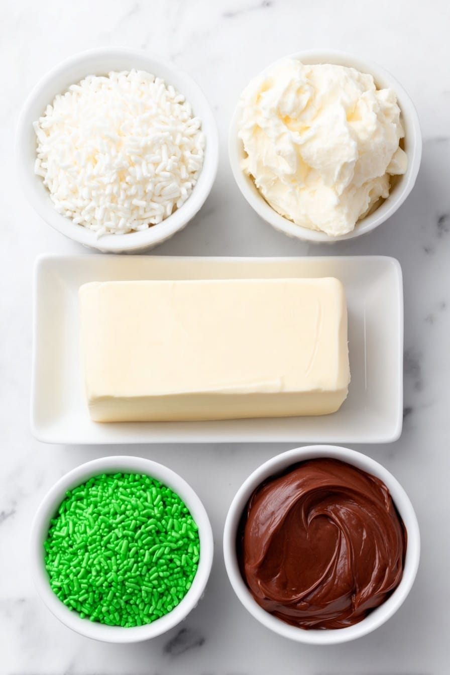 Flat lay of a stack of unwrapped Little Debbie Christmas Tree Cakes showing green, red, and white frosted layers, a block of smooth cream cheese on a white ceramic plate, a small white bowl filled with glossy melted vanilla almond bark, a small white bowl with vibrant red candy melts, and a small white bowl holding bright green sugar sprinkles, all arranged symmetrically on a clean white marble surface, soft natural light, photo taken with an iPhone, professional food photography style, fresh ingredients, white ceramic bowls, no bottles, no duplicates, no utensils, no packaging --ar 2:3 --v 7 --p m7354615311229779997 - Christmas Tree Cake Balls, Christmas Tree Cake Balls Recipe, festive holiday treats, easy Christmas cake bites, holiday dessert ideas