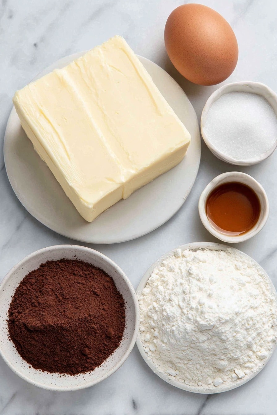 Flat lay of a large square of pale yellow unsalted butter, a small white ceramic bowl filled with fine white powdered sugar, a small white ceramic bowl containing rich dark brown Dutch-processed cocoa powder, a single large whole brown egg with a clean shell, a few grains of coarse salt scattered beside a tiny white ceramic bowl, a small white ceramic bowl holding clear golden vanilla extract, and a small pile of all-purpose flour loosely arranged on a simple white ceramic plate, all arranged in perfect symmetry placed on a clean white marble surface, soft natural light, photo taken with an iPhone, professional food photography style, fresh ingredients, white ceramic bowls, no bottles, no duplicates, no utensils, no packaging --ar 2:3 --v 7 --p m7354615311229779997 - Chocolate Shortbread Cookies, chocolate shortbread, buttery chocolate cookies, melt-in-your-mouth cookies, easy chocolate cookies