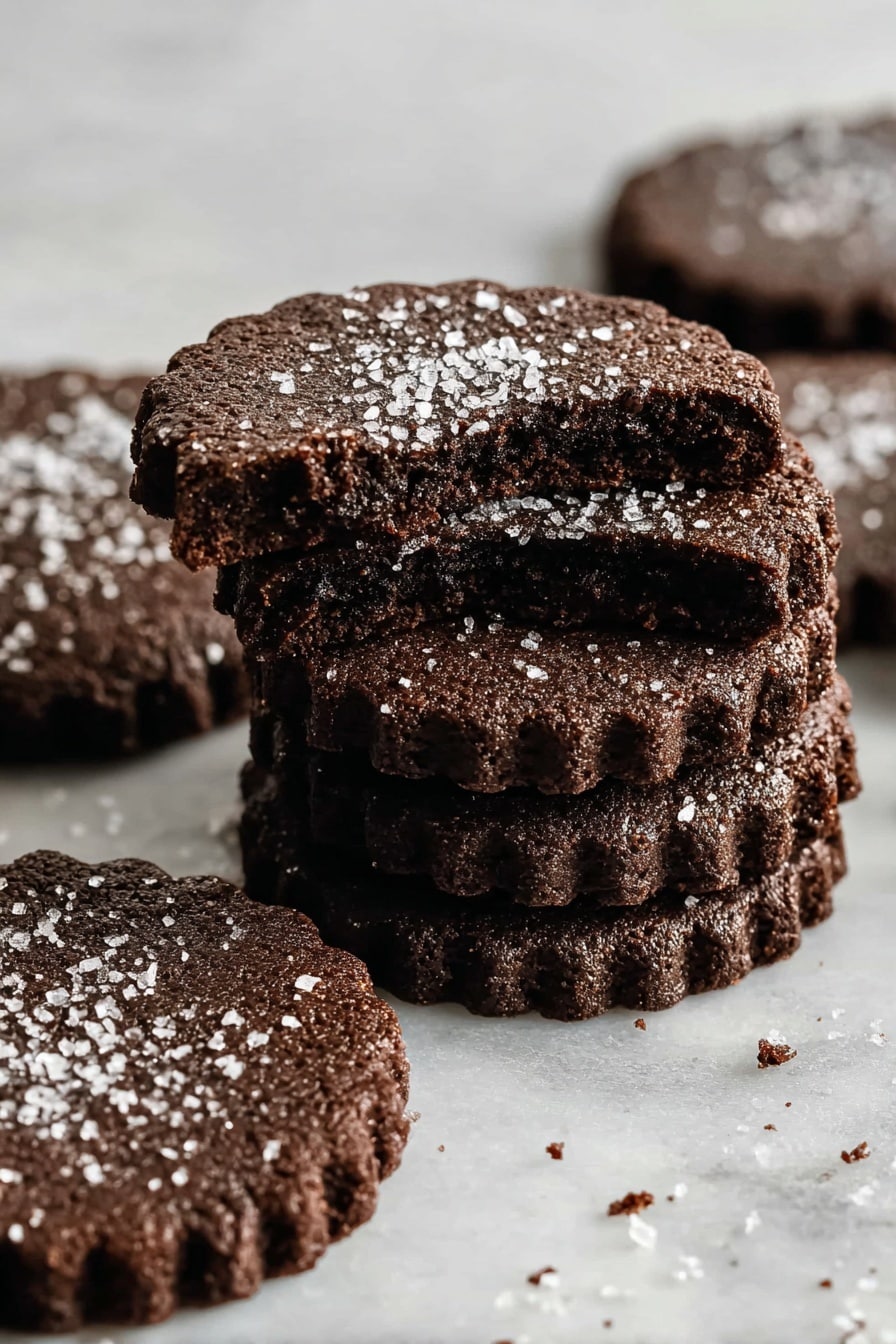 The image shows a stack of dark brown chocolate cookies with a rough texture. The bottom cookie is whole and round with a scalloped edge. On top of it, there are four cookie halves stacked unevenly, showing their soft inside. The top side of each cookie is covered with sparkling white sugar crystals, adding a shiny and grainy look. More whole cookies are blurred in the background. The cookies rest on a white marbled surface with some sugar crystals scattered around. photo taken with an iphone --ar 2:3 --v 7 - Chocolate Shortbread Cookies, chocolate shortbread, buttery chocolate cookies, melt-in-your-mouth cookies, easy chocolate cookies
