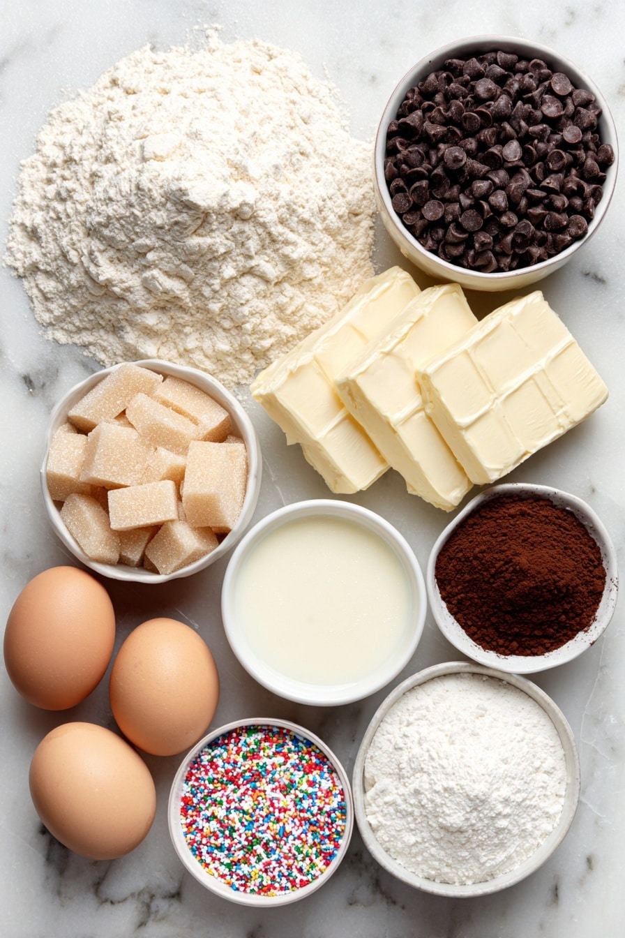 Flat lay of  a small mound of all purpose flour, a small pile of fine cornstarch powder, a tiny heap of baking powder, a tiny heap of baking soda, a tiny heap of salt, slices of unsalted butter arranged neatly, a small pile of light brown sugar, a small pile of granulated sugar, two whole brown eggs with clean shells, a small white ceramic bowl with vanilla extract, a small white ceramic bowl filled with semi-sweet chocolate chips, a small white ceramic bowl with Dutch processed cocoa powder, a small white ceramic bowl with powdered sugar, a small white ceramic bowl containing milk, and a small pile of colorful sprinkles all arranged symmetrically and balanced around the center, placed on a clean white marble surface, soft natural light, photo taken with an iPhone, professional food photography style, fresh ingredients, white ceramic bowls, no bottles, no duplicates, no utensils, no packaging --ar 2:3 --v 7 --p m7354615311229779997 - Chocolate Chip Cookie Cake, cookie cake recipe, easy cookie cake, chocolate chip dessert, soft chewy cookie cake