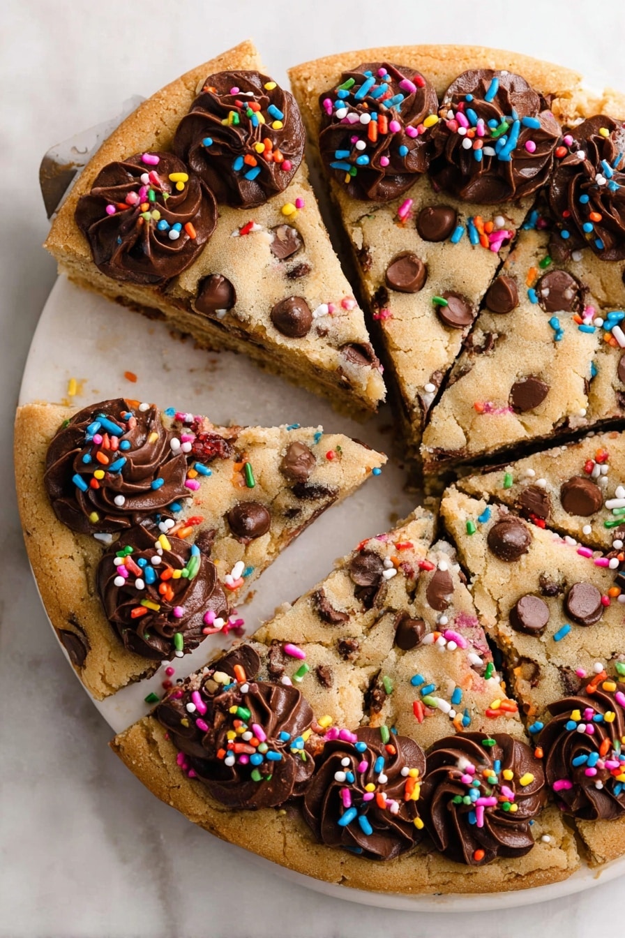 A round cookie cake is sliced into eight pieces and placed on a white plate with a white marbled texture background; the cookie is golden brown and filled with chocolate chips throughout, showing a dense, soft texture inside the slice being lifted. The top edge has a thick border of smooth dark chocolate frosting swirled into small dollops, decorated with colorful round and rod-shaped sprinkles in bright colors like red, blue, yellow, green, pink, orange, and white. The surface is dotted with extra chocolate chips spread unevenly, adding richness and texture. One slice is being lifted to show the chocolate-filled inside, emphasizing the contrast between the golden cookie and dark chocolate. Photo taken with an iphone --ar 2:3 --v 7 - Chocolate Chip Cookie Cake, cookie cake recipe, easy cookie cake, chocolate chip dessert, soft chewy cookie cake