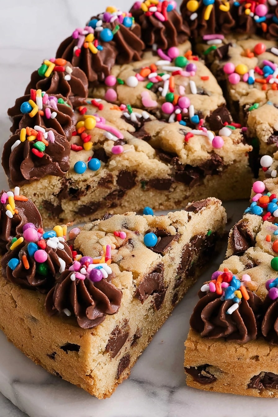 A round cookie cake sliced into several pieces is shown on a white marbled surface. The cake has a thick, golden-brown cookie layer filled with dark chocolate chips inside and visible chocolate bits throughout. Around the edge, there is a thick layer of dark chocolate frosting with colorful round and rod-shaped sprinkles scattered on top. One slice is slightly lifted, revealing the dense, soft cookie texture speckled with chocolate chips. photo taken with an iphone --ar 2:3 --v 7 - Chocolate Chip Cookie Cake, cookie cake recipe, easy cookie cake, chocolate chip dessert, soft chewy cookie cake