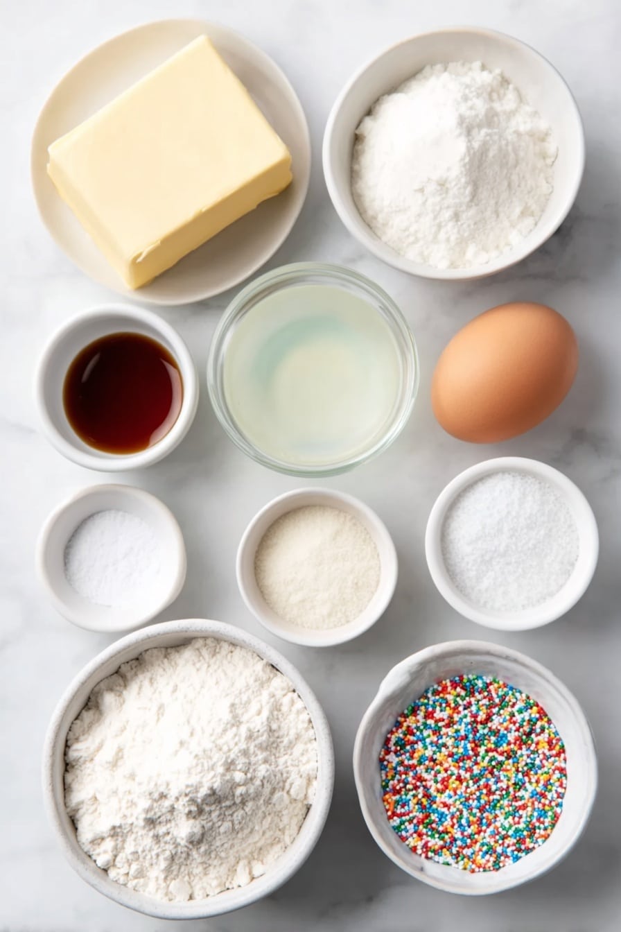 Flat lay of a small square of unsalted butter, a small mound of granulated sugar, a small block of cream cheese, a small white bowl with clear vanilla extract, a small white bowl with almond extract, one large whole egg with clean shell, a small white bowl of baking soda powder, a small white bowl of baking powder, a small white bowl of salt, a small pile of all-purpose flour, and a small white bowl filled with colorful rainbow nonpareil sprinkles, all arranged symmetrically on simple white ceramic dishes and bowls, placed on a clean white marble surface, soft natural light, photo taken with an iPhone, professional food photography style, fresh ingredients, white ceramic bowls, no bottles, no duplicates, no utensils, no packaging --ar 2:3 --v 7 --p m7354615311229779997 - Rainbow Sprinkle Cookies, colorful sprinkle cookies, soft sugar cookies with sprinkles, easy rainbow cookie recipe, party-inspired cookies