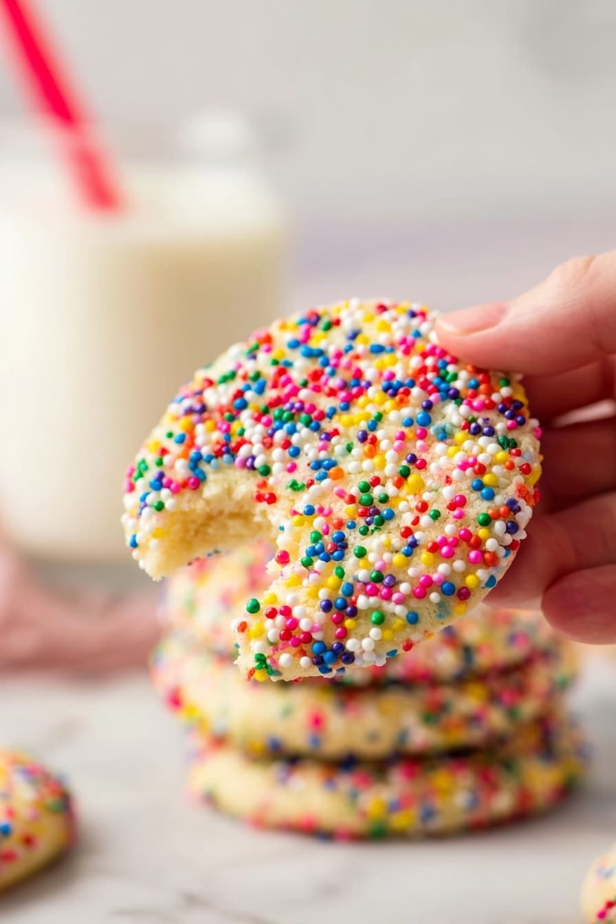 A close-up view of a round cookie covered fully with small, colorful round sprinkles in colors like red, blue, yellow, green, white, and purple. The cookie is light beige in color and has a bite taken out of the lower right side, showing a soft, crumbly texture inside. A woman's hand holds the cookie between the thumb and forefinger on the left side of the image. In the background, there is a stack of similar sprinkle-covered cookies placed on a white marbled surface, slightly out of focus. Further behind, a glass of creamy milk with a red straw is blurred but visible. photo taken with an iphone --ar 2:3 --v 7 - Rainbow Sprinkle Cookies, colorful sprinkle cookies, soft sugar cookies with sprinkles, easy rainbow cookie recipe, party-inspired cookies