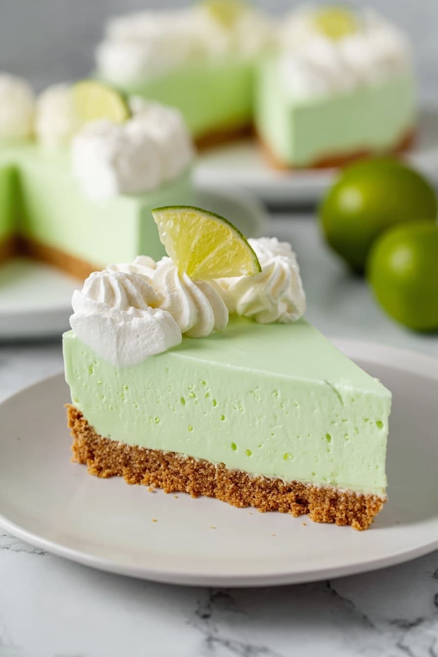 The image shows a slice of lime green mousse pie on a white plate set on a white marbled surface. The slice has three main layers: a bottom layer made of a crumbly brown crust, a thick middle layer of smooth light green mousse with visible mousse texture on the side, and a top layer of white whipped cream piped around the edge. A small lime wedge sits on top of the whipped cream as decoration. In the background, more slices of the same pie are visible, along with two whole green limes, all placed on white plates and the same white marbled surface. Photo taken with an iphone --ar 2:3 --v 7 - Lime Jello Pie, Lime Jello Pie recipe, tangy lime dessert, no-bake lime pie, easy summer dessert