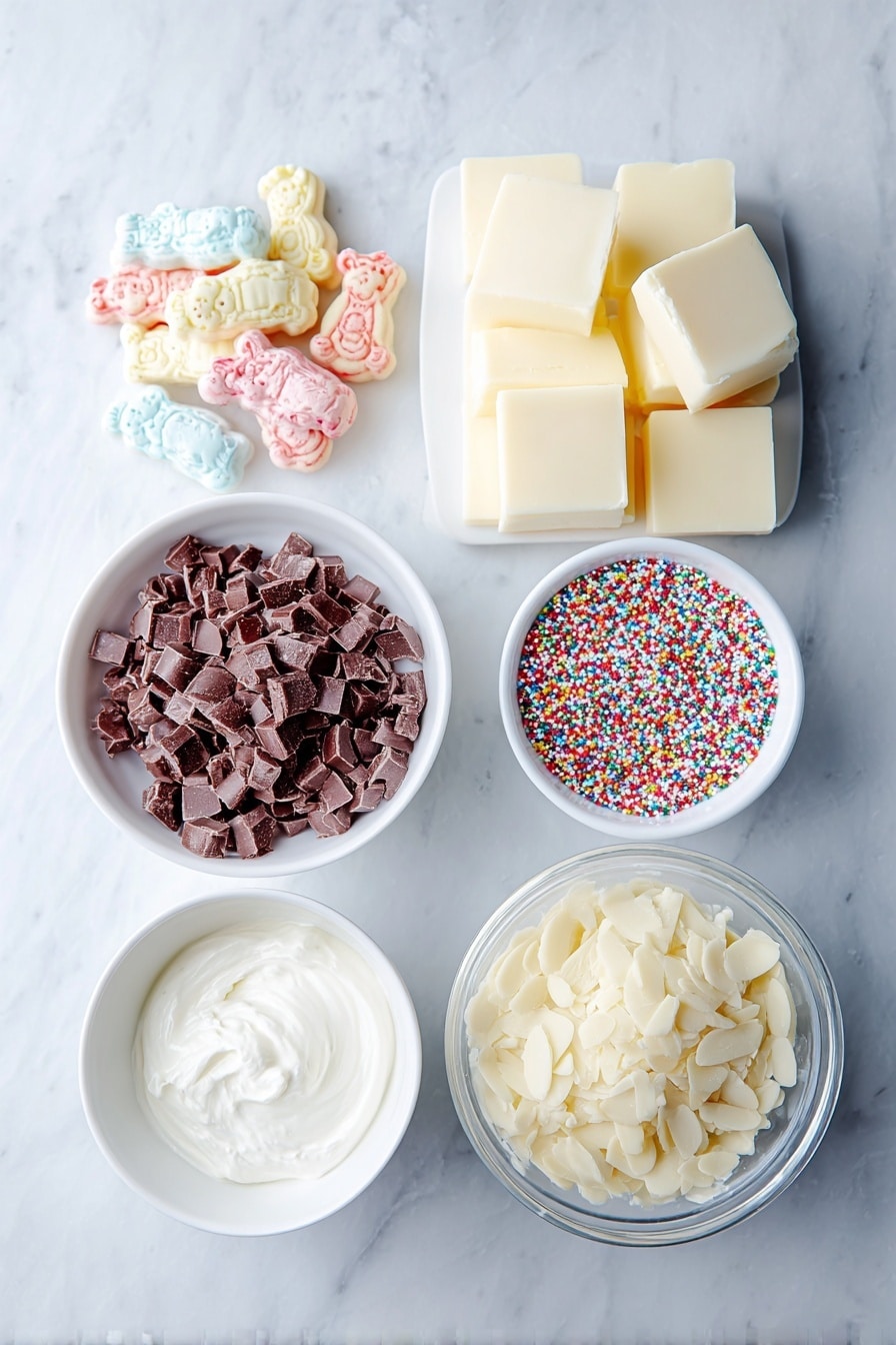 Flat lay of frosted circus animal cookies in a small pile showing colorful animal shapes, several soft cream cheese slices arranged neatly, a small white ceramic bowl filled with smooth hot pink candy melts, another small white ceramic bowl containing creamy white almond bark pieces, and a small white ceramic bowl with vibrant rainbow nonpareil sprinkles scattered inside, all placed on a clean white marble surface, soft natural light, photo taken with an iPhone, professional food photography style, fresh ingredients, white ceramic bowls, no bottles, no duplicates, no utensils, no packaging --ar 2:3 --v 7 --p m7354615311229779997 - Circus Animal Cookie Balls, Circus Animal Cookie Balls recipe, no-bake cookie treats, colorful cookie bites, easy party snacks