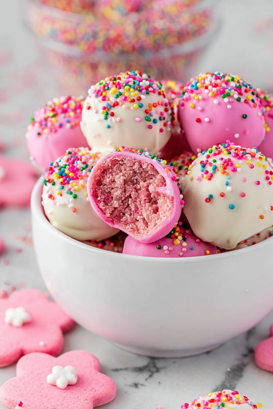 A white bowl filled with round cake balls coated in pink and white smooth chocolate layers, each topped with colorful tiny round sprinkles. One pink ball in the front is bitten, showing a dense, textured cake inside with bits of pink mixed in. The bowl sits on a white marbled surface scattered with a few pink and white flower-shaped cookies with sprinkles. In the background, there is a blurred glass bowl also filled with colorful sprinkles. photo taken with an iphone --ar 2:3 --v 7 - Circus Animal Cookie Balls, Circus Animal Cookie Balls recipe, no-bake cookie treats, colorful cookie bites, easy party snacks