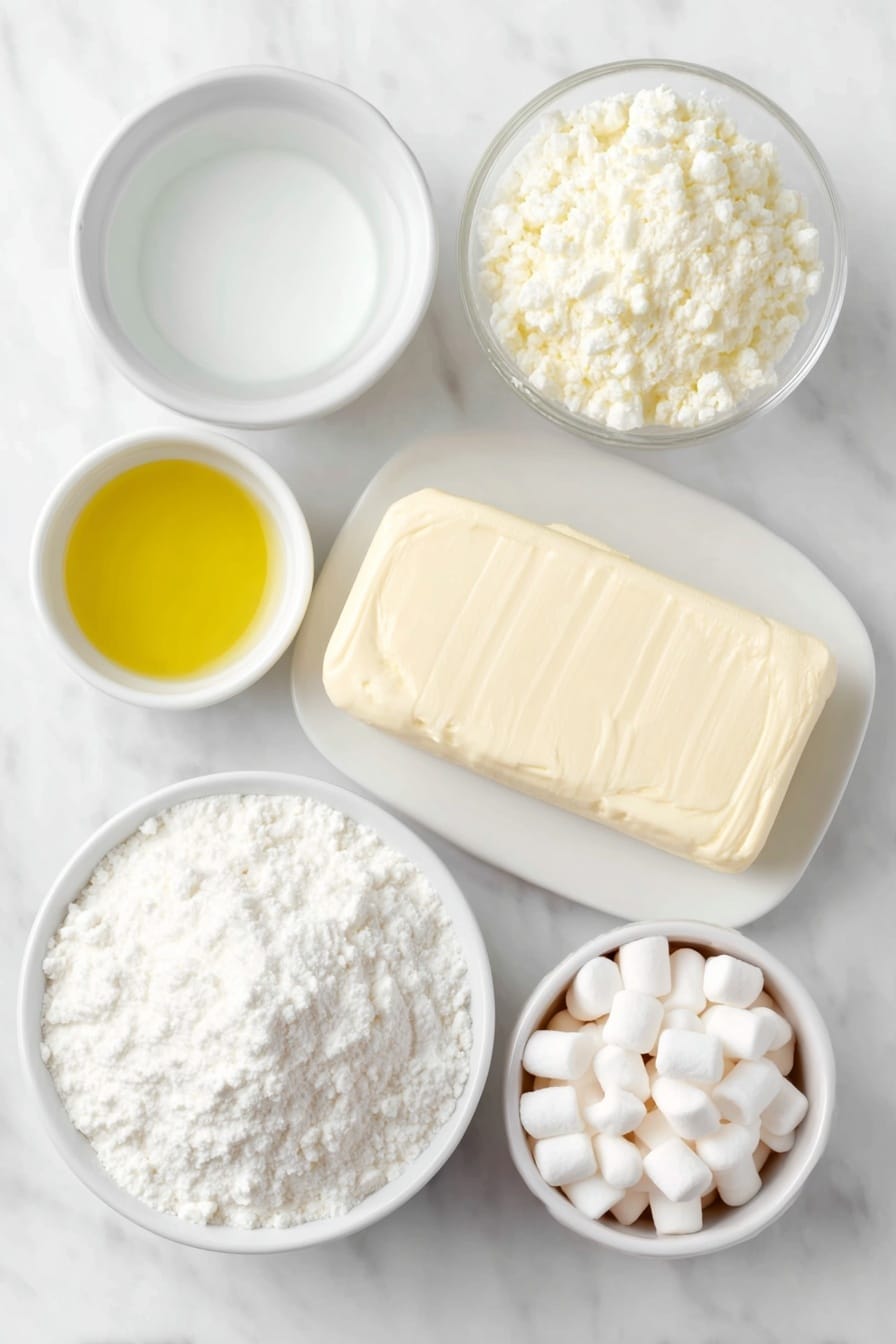 Flat lay of lime Jell-O powder in a small white ceramic bowl, hot water in a small white ceramic bowl, a block of cream cheese on a white ceramic plate, mini white marshmallows in a small white ceramic bowl, pineapple juice in a small white ceramic bowl, lemon Jell-O powder in a small white ceramic bowl, cherry Jell-O powder in a small white ceramic bowl placed on a clean white marble surface, soft natural light, photo taken with an iPhone, professional food photography style, fresh ingredients, white ceramic bowls, no bottles, no duplicates, no utensils, no packaging --ar 2:3 --v 7 --p m7354615311229779997 - Christmas Ribbon Salad, festive layered Jell-O salad, holiday side dish, colorful party salad, Christmas dessert salad