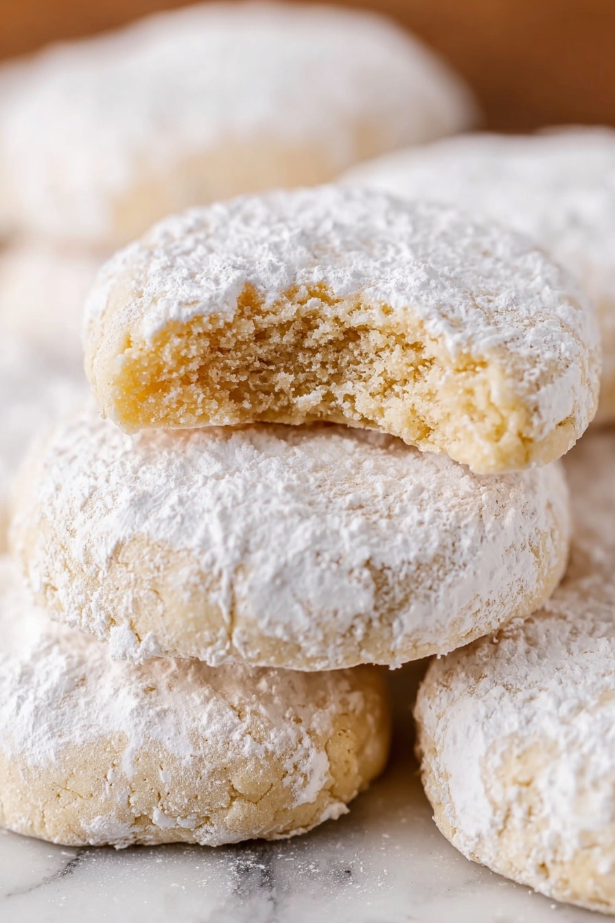 The image shows several round cookies stacked on a white marbled surface, each cookie covered with a thick layer of white powdered sugar on top. One cookie near the front has a bite taken out, revealing a soft, crumbly, light beige interior with a slightly rough texture. The cookies have a pale golden color beneath the powdered sugar, and the powdered sugar is unevenly spread, giving a slightly textured look to the top. The cookies appear soft and freshly made. photo taken with an iphone --ar 2:3 --v 7 - Lemon Cooler Cookies, lemon cookies, citrus cookies, cool cookie recipe, lemon dessert