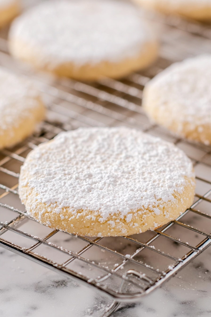 The image shows several round cookies dusted with white powdered sugar, resting on a metal cooling rack. Each cookie is light beige in color with a slightly rough texture visible under the powdered sugar. The cookies are thin and evenly shaped, arranged across the rack with small gaps between them. The metal rack has thin silver bars running horizontally and vertically. The background is a white marbled texture. photo taken with an iphone --ar 2:3 --v 7 - Lemon Cooler Cookies, lemon cookies, citrus cookies, cool cookie recipe, lemon dessert