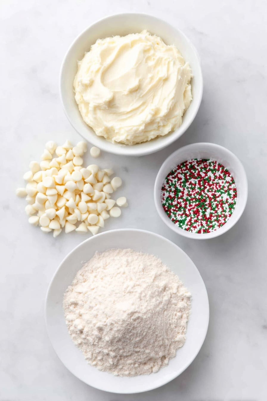 Flat lay of white chocolate chips scattered loosely, a small white ceramic bowl filled with smooth vanilla frosting, a neat mound of pale beige sugar cookie mix powder on a white ceramic plate, and a small white ceramic bowl holding colorful Christmas sprinkle mix with red, green, and white nonpareils and stars, all arranged with perfect symmetry and balanced proportions placed on a clean white marble surface, soft natural light, photo taken with an iPhone, professional food photography style, fresh ingredients, white ceramic bowls, no bottles, no duplicates, no utensils, no packaging --ar 2:3 --v 7 --p m7354615311229779997 - Christmas Sugar Cookie Fudge, festive fudge recipes, holiday sugar cookie treats, easy Christmas fudge, peppermint sugar cookie fudge