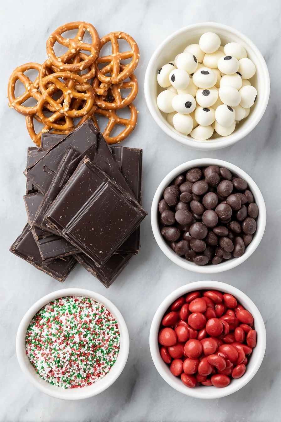 Flat lay of a small pile of smooth, glossy dark baking chocolate chunks, a neat cluster of tiny twisted itty bitty pretzels with golden-brown shine, a small white ceramic bowl filled with shiny candy eyes in white with black pupils, another small white bowl containing shiny brown mini M&Ms, a separate small white bowl with vibrant red mini M&Ms, and a delicate handful of colorful holiday sprinkles arranged beside them, all placed on a clean white marble surface, soft natural light, photo taken with an iPhone, professional food photography style, fresh ingredients, white ceramic bowls, no bottles, no duplicates, no utensils, no packaging --ar 2:3 --v 7 --p m7354615311229779997 - Reindeer Christmas Bark, festive holiday treats, easy Christmas dessert, holiday gift ideas, reindeer-themed snacks
