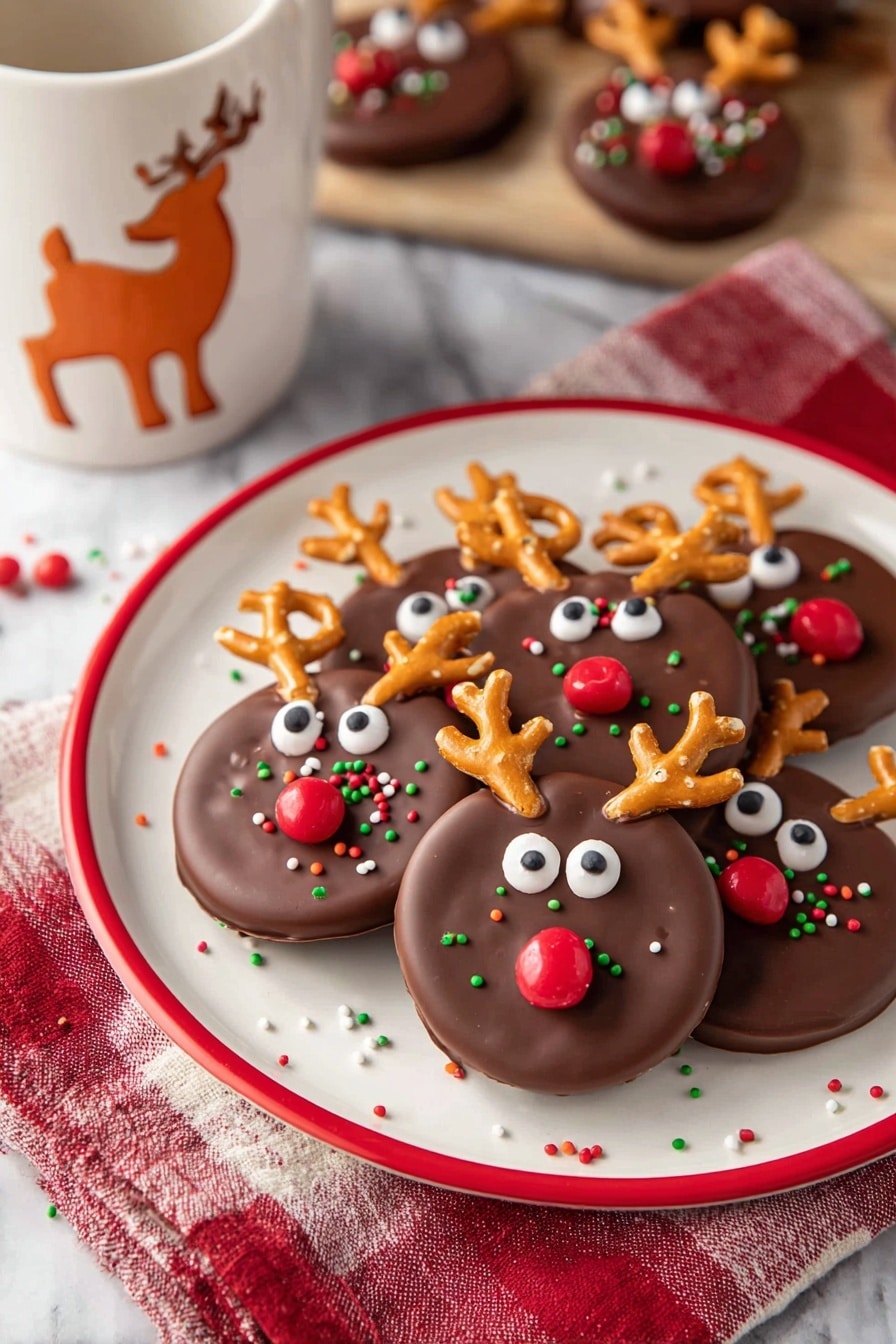 The image shows several round chocolate discs, each decorated to look like a reindeer face. Each disc has a smooth, shiny dark brown chocolate base layer. On top of the chocolate, two small pretzels are placed at the top to represent antlers, two candy eyes are positioned in the middle, and a red candy is placed below the eyes to look like a nose. There are also some small dark chocolate chips near the eyes as ears. The chocolate discs are sprinkled with small colorful red, white, and green confetti-like sprinkles scattered around and on top. A white milk bottle with a cute orange deer illustration is placed near the chocolates on a white marbled surface. Photo taken with an iphone --ar 2:3 --v 7 - Reindeer Christmas Bark, festive holiday treats, easy Christmas dessert, holiday gift ideas, reindeer-themed snacks