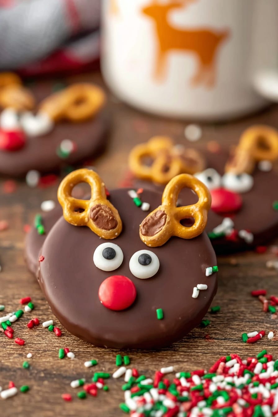 A round cookie covered in smooth dark chocolate forms the base layer, decorated with two small golden pretzels placed on the top edges to look like antlers. Two candy eyes with white and black dots sit just below the pretzels, and a single bright red candy is centered below the eyes as the nose. Small brown candy pieces are placed near the pretzels for ears. The cookie surface is sprinkled with tiny red, green, and white round and rod-shaped sprinkles for a festive touch. More of these decorated cookies and colorful sprinkles are seen blurred in the background on a wooden surface, with a mug featuring an orange reindeer design slightly out of focus. photo taken with an iphone --ar 2:3 --v 7 - Reindeer Christmas Bark, festive holiday treats, easy Christmas dessert, holiday gift ideas, reindeer-themed snacks