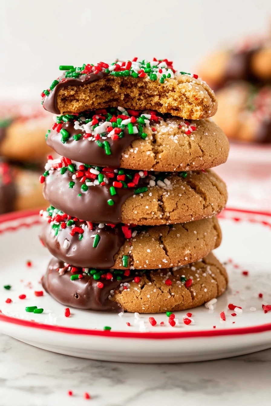 The image shows several round peanut butter cookies with a crisscross pattern on the top layer. Each cookie is partially covered with a smooth dark chocolate layer on one half. On top of the chocolate layer, there are bright red, green, white, and a few round and stick-shaped sprinkles scattered evenly. The cookies are arranged on a white marbled surface with a few crumbs around them, creating a cozy and festive look. photo taken with an iphone --ar 2:3 --v 7 - Peanut Butter Chocolate Christmas Cookies, holiday cookie recipes, easy Christmas cookies, festive cookie ideas, holiday baking treats