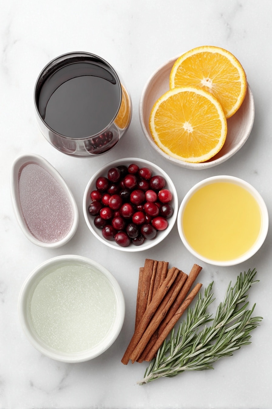 Flat lay of a full dark red wine glass, a small white bowl with deep red cranberry juice, a small white bowl filled with bright orange juice, a small white bowl of clear simple syrup, a small white bowl with dark purple blackberry brandy, a small white bowl with deep red Chambord liqueur, a small white bowl filled with fizzy lemon-lime soda, two fresh whole oranges sliced into rounds arranged neatly, a small white bowl of shiny red cranberries, six whole cinnamon sticks aligned in parallel, and fresh green rosemary sprigs artistically placed, all arranged with perfect symmetry in realistic proportions on a clean white ceramic surface placed on a clean white marble surface, soft natural light, photo taken with an iPhone, professional food photography style, fresh ingredients, white ceramic bowls, no bottles, no duplicates, no utensils, no packaging --ar 2:3 --v 7 --p m7354615311229779997 - Festive Red Wine Sangria, holiday red wine sangria, holiday cocktail ideas, easy holiday sangria, Christmas party drinks
