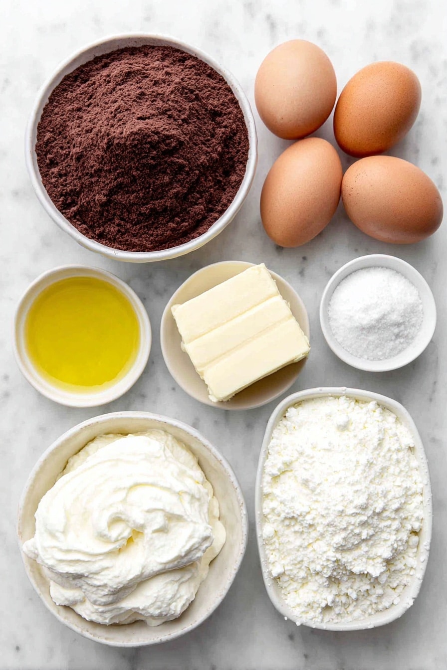 Flat lay of a small white ceramic bowl of deep dark cocoa cake mix powder, two large whole brown eggs with clean shells, a small white ceramic bowl of golden vegetable oil, a small white ceramic bowl of smooth cream cheese, a small white ceramic bowl of fluffy white marshmallow fluff, a small white ceramic bowl of clear vanilla extract, a small white ceramic bowl of fine white salt, and two small white ceramic bowls each containing vibrant red and green gel food color placed symmetrically on a clean white marble surface, soft natural light, photo taken with an iPhone, professional food photography style, fresh ingredients, white ceramic bowls, no bottles, no duplicates, no utensils, no packaging --ar 2:3 --v 7 --p m7354615311229779997 - Christmas Whoopie Pies with Marshmallow Filling, holiday whoopie pies, Christmas dessert recipes, festive marshmallow cookies, easy holiday treats