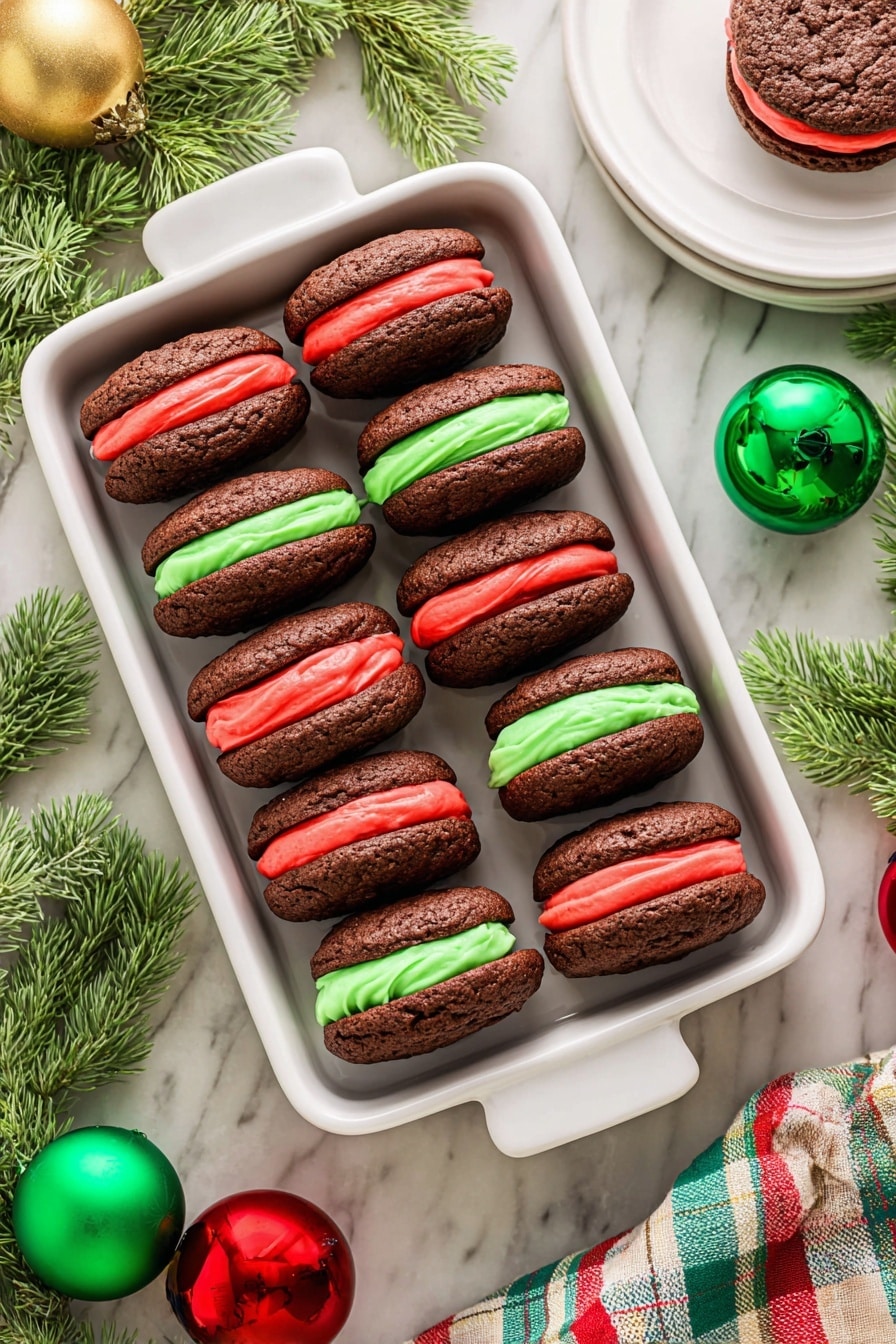 A stack of three chocolate cookies with thick, smooth frosting layers between each cookie is shown. The top and bottom frosting layers are bright red, while the middle frosting layer is bright green. Each cookie has a rich, cracked texture with a round, slightly domed shape and a deep brown color. The cookies are stacked vertically on a light tan wooden surface with blurred Christmas ornaments in red, green, and gold and some green pine leaves in the soft background. The overall look is festive and inviting. photo taken with an iphone --ar 2:3 --v 7 - Christmas Whoopie Pies with Marshmallow Filling, holiday whoopie pies, Christmas dessert recipes, festive marshmallow cookies, easy holiday treats
