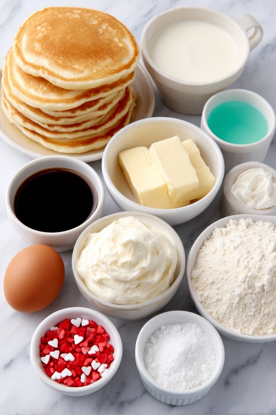 Flat lay of a small stack of golden fluffy pancakes with a subtle green tint, a whole large brown egg, a small white ceramic bowl of whole milk, a small white ceramic bowl of white vinegar, a small white ceramic bowl filled with smooth melted butter, a small white ceramic bowl with bright green food coloring liquid, a small white ceramic bowl filled with fine all-purpose flour, a small white ceramic bowl of granulated sugar, a small white ceramic bowl of powdered sugar, a small white ceramic bowl with a dollop of soft cream cheese, a small white ceramic bowl with heavy whipping cream, a small white ceramic bowl with vanilla extract, a small white ceramic bowl of red heart-shaped sprinkles arranged in a neat pile — all ingredients fresh and natural, arranged with perfect symmetry and balanced proportions, placed on a clean white marble surface, soft natural light, photo taken with an iPhone, professional food photography style, fresh ingredients, white ceramic bowls, no bottles, no duplicates, no utensils, no packaging --ar 2:3 --v 7 --p m7354615311229779997 - Grinch Green Pancakes with Cream Cheese Icing, festive holiday pancakes, green Christmas breakfast, fluffy green pancake recipe, holiday brunch ideas