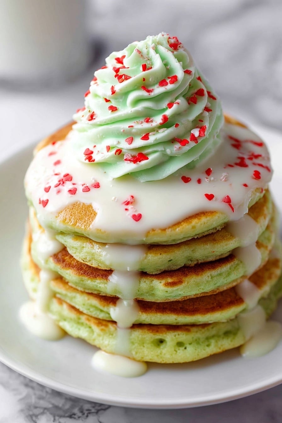 Three pieces of bright green cake stacked on a gold fork, showing soft and airy texture with small holes inside. The top and bottom edges of the cake are lightly browned, adding contrast to the green color. In the blurred background, there is a white plate with a swirl of white frosting topped with small red decorations. The setting surface has a white marbled texture with some small red decorations scattered. photo taken with an iphone --ar 2:3 --v 7 - Grinch Green Pancakes with Cream Cheese Icing, festive holiday pancakes, green Christmas breakfast, fluffy green pancake recipe, holiday brunch ideas