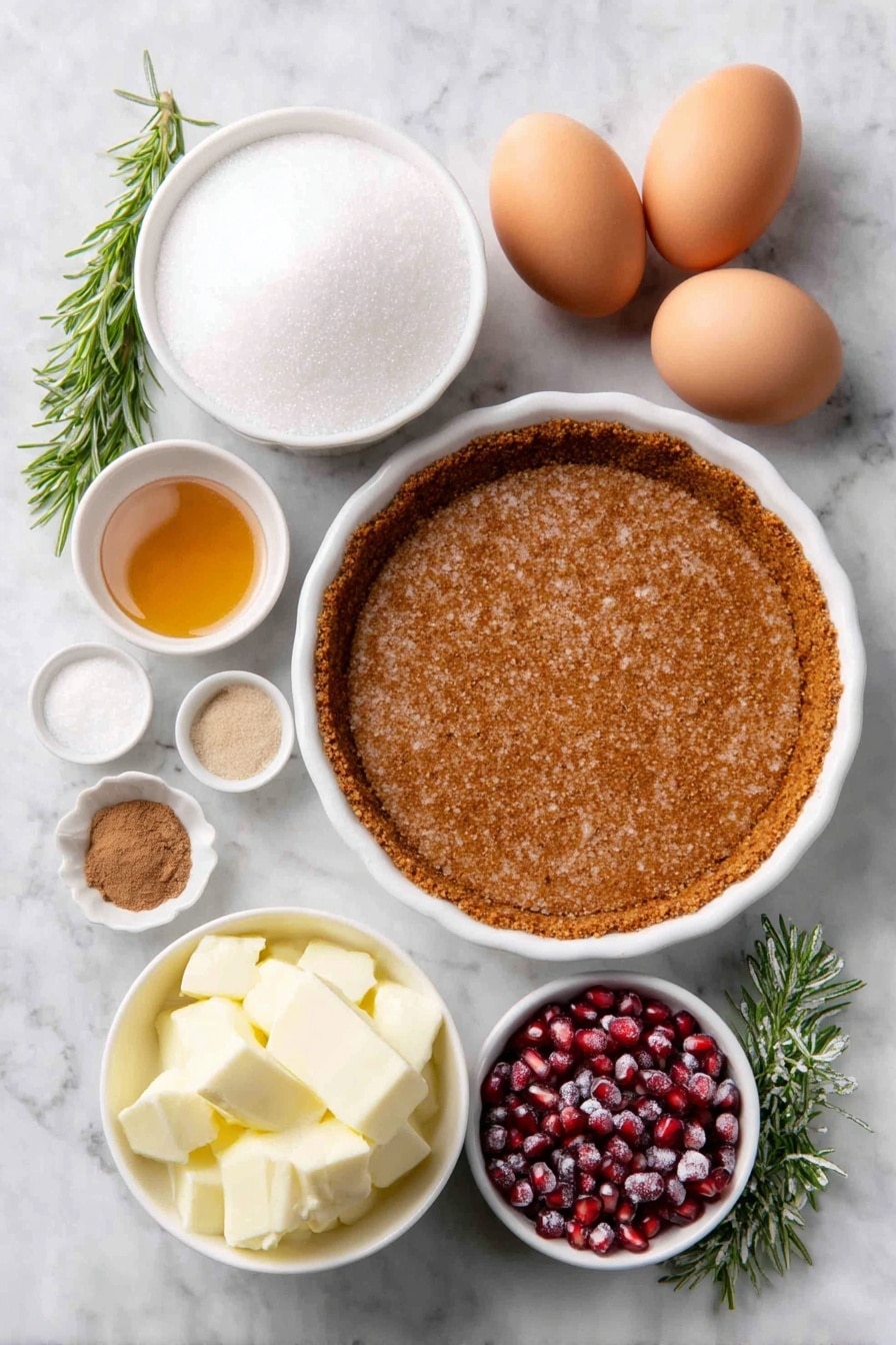Flat lay of three large whole brown eggs with clean shells, three blocks of smooth cream cheese, a small white ceramic bowl of granulated sugar, a small white bowl filled with creamy eggnog, a small white bowl containing clear golden rum, a small white bowl holding amber vanilla extract, a small white bowl of white cornstarch powder, a small white bowl with ground cinnamon powder, a small white bowl of ground nutmeg, a small white bowl of fine salt, a round uncut 9-inch graham cracker crust on a simple white ceramic plate, a small pile of bright red pomegranate seeds, and a few sprigs of fresh green rosemary, all arranged in perfect symmetry on a clean white marble surface, soft natural light, photo taken with an iPhone, professional food photography style, fresh ingredients, white ceramic bowls, no bottles, no duplicates, no utensils, no packaging --ar 2:3 --v 7 --p m7354615311229779997 - Eggnog Cheesecake with Rum and Spices, holiday cheesecake recipe, festive dessert with eggnog, rum-spiced cheesecake, holiday dessert ideas