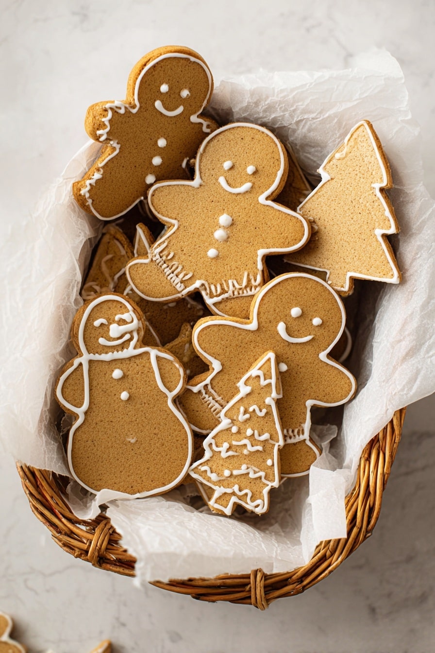 The image shows a light brown Christmas tree-shaped cookie with white icing decorating the edges and lines across the cookie. The cookie is in front, standing upright on a white marbled surface with some light brown spots. Behind it, there is a white paper-lined wooden tray filled with more cookies of similar shape and decoration. In the background to the right, there are blurred red and green glass jars. Photo taken with an iphone --ar 2:3 --v 7 - Christmas Sugar Cookies with Icing, holiday sugar cookies, festive cookie recipe, Christmas cookie decorating, easy holiday cookies