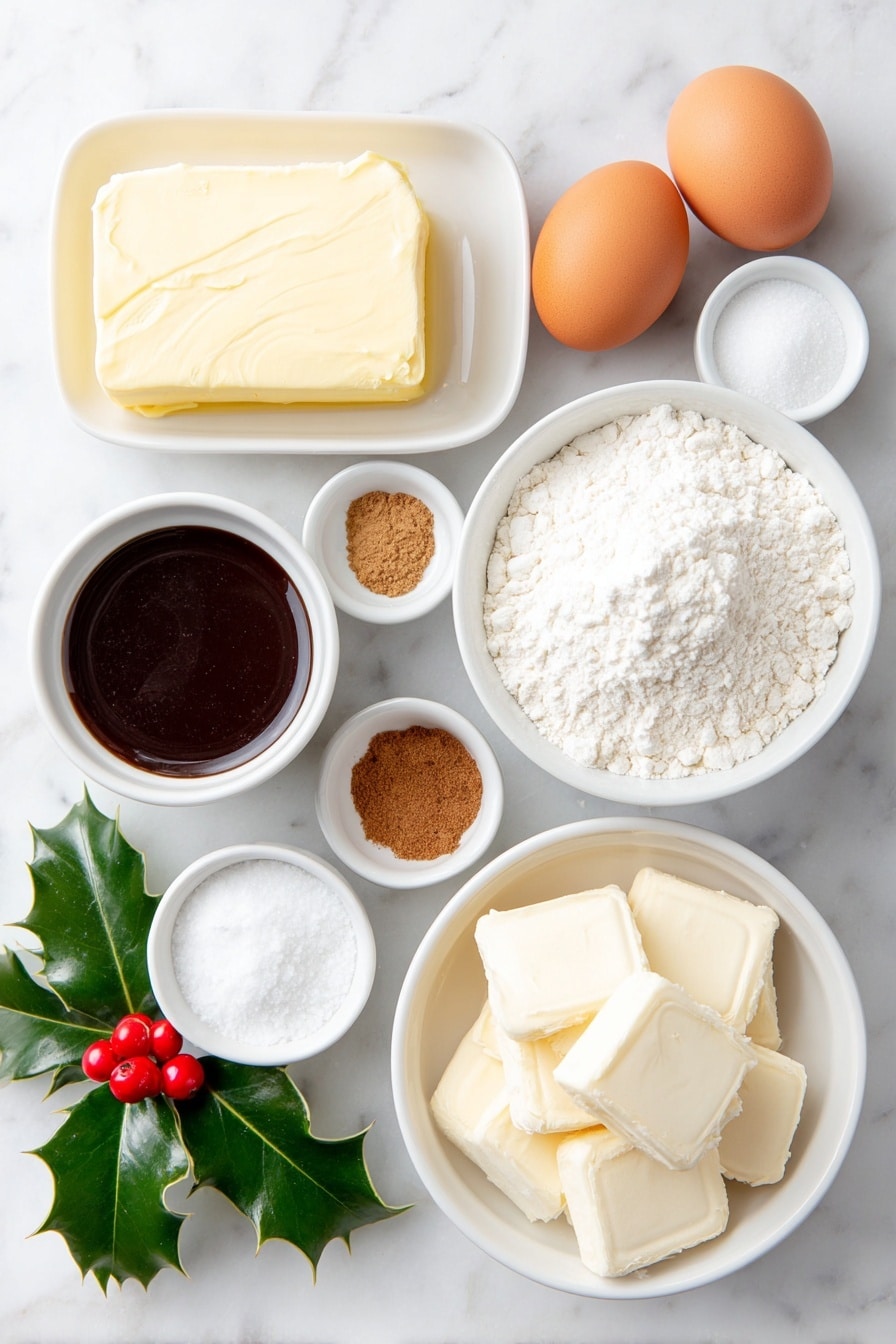 Flat lay of a small mound of softened unsalted butter, a small white bowl with granulated sugar, a small white bowl with packed brown sugar, one large whole egg with a clean shell, a small white bowl of dark molasses, a small white bowl filled with all-purpose flour, a small white bowl containing baking soda, a small white bowl with ground cinnamon, a small white bowl with ground ginger powder, a small white bowl of ground cloves, a small white bowl of salt, a simple white ceramic bowl filled with smooth white chocolate melting wafers, and fresh holly leaves with bright red holly berries arranged neatly on a simple white ceramic plate, placed on a clean white marble surface, soft natural light, photo taken with an iPhone, professional food photography style, fresh ingredients, white ceramic bowls, no bottles, no duplicates, no utensils, no packaging --ar 2:3 --v 7 --p m7354615311229779997 - White Chocolate Dipped Gingersnap Cookies, spiced cookie recipes, holiday cookie ideas, easy ginger snap cookies, chocolate dipped cookies