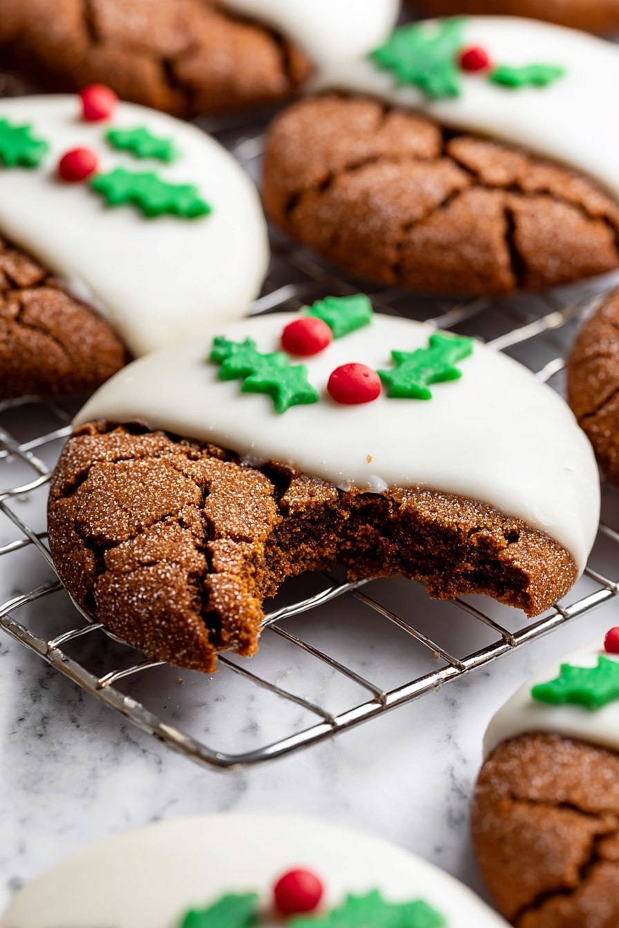 The image shows several round brown cookies with a cracked texture, each cookie half covered with smooth white icing on the top side. On the icing, there are small green leaf-shaped decorations and tiny red round decorations placed close together, looking like holly leaves and berries. One cookie has a visible bite taken from it, showing the soft interior. The cookies are on a silver wire cooling rack over a white marbled surface. Photo taken with an iphone --ar 2:3 --v 7 - White Chocolate Dipped Gingersnap Cookies, spiced cookie recipes, holiday cookie ideas, easy ginger snap cookies, chocolate dipped cookies