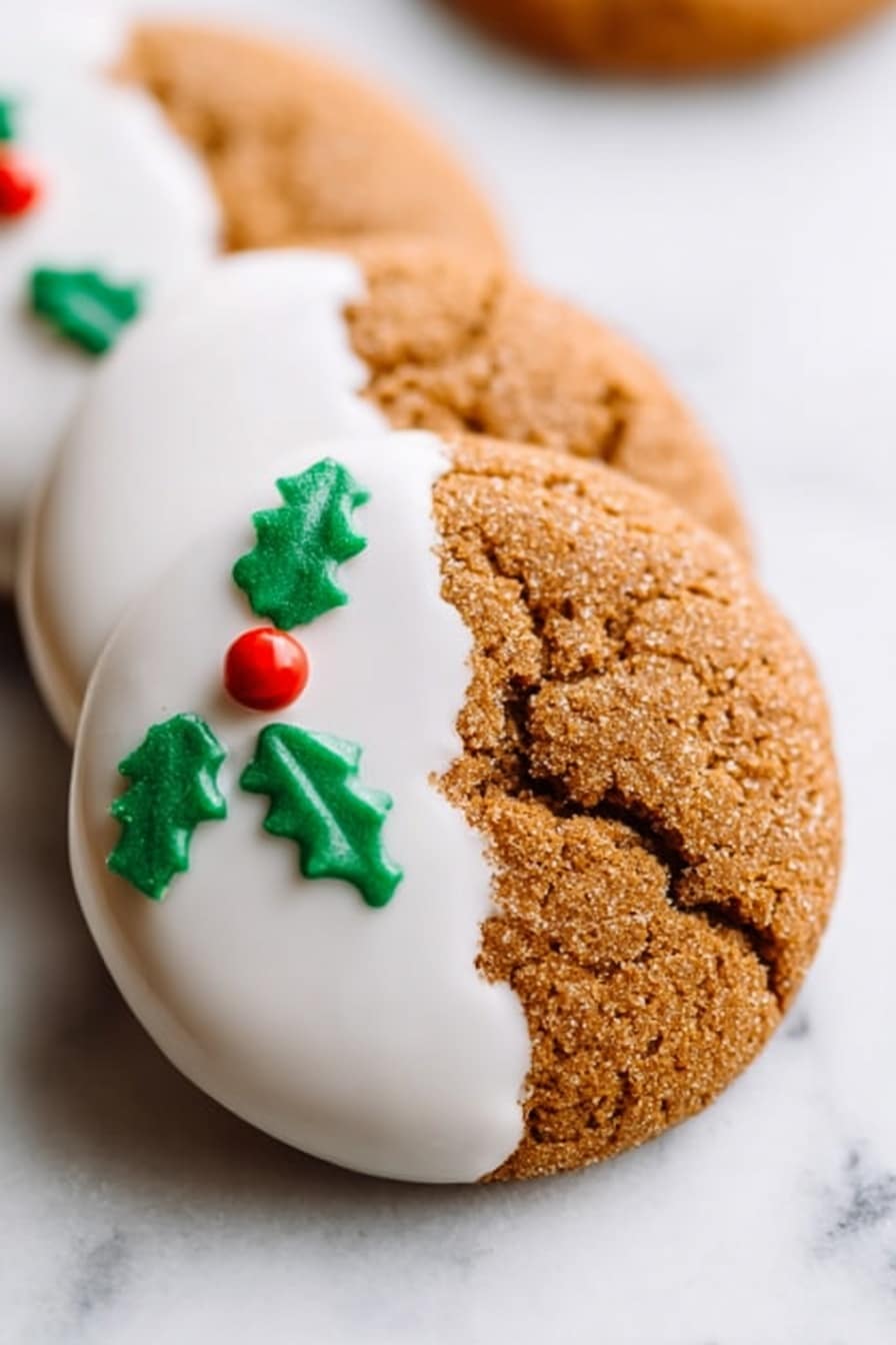 The image shows three ginger cookies stacked on a white marbled surface. Each cookie is half-covered with smooth white icing, leaving the other half showing the light brown, cracked texture of the cookie itself. On the icing side of the cookie in front, there are small green holly leaf decorations made of icing and one small red round dot resembling a berry placed near the edge where the icing meets the cookie. The cookies have a slightly rough surface on the exposed side and a shiny smooth texture on the iced side. Photo taken with an iphone --ar 2:3 --v 7 - White Chocolate Dipped Gingersnap Cookies, spiced cookie recipes, holiday cookie ideas, easy ginger snap cookies, chocolate dipped cookies