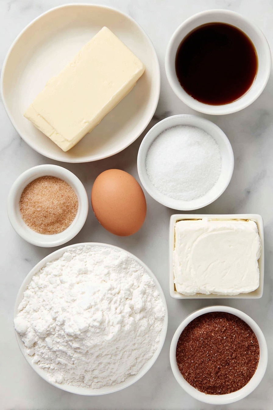 Flat lay of a stick of salted butter with a pale creamy yellow color, a small mound of packed light brown sugar with a soft texture, a small white ceramic bowl filled with clear hazelnut liquor, a small white bowl with golden vanilla extract, one whole uncracked brown egg, a white ceramic bowl heaped with creamy white all-purpose flour, a small white bowl containing fine white baking soda powder, a small white bowl of coarse kosher salt crystals, a white ceramic bowl filled with powdered sugar, a small pile of assorted colorful sprinkles including red sanding sugar, another small white bowl holding smooth cream cheese block, arranged in perfect symmetry and balanced proportions, all placed on a clean white marble surface, soft natural light, photo taken with an iPhone, professional food photography style, fresh ingredients, white ceramic bowls, no bottles, no duplicates, no utensils, no packaging --ar 2:3 --v 7 --p m7354615311229779997 - Santa Cookie Without Recipe, holiday cookies, vanilla frosting recipes, festive Christmas cookies, easy holiday baking