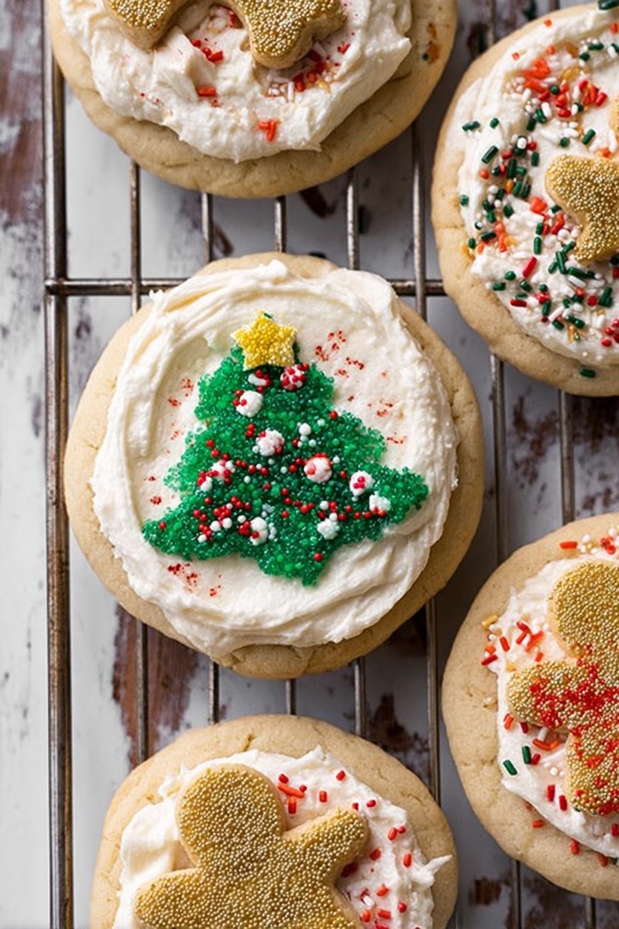 The image shows several Christmas-themed cookies on a white marbled surface. There is a tall stack of four round cookies in the center, each layer light golden brown with creamy white frosting swirled on top sprinkled with red and green bits. To the right is a single gingerbread cookie shaped like a person, topped with light brown frosting and small white beads. Below the stack is a round cookie with white frosting and green sugar shaped like a Christmas tree with small golden star sprinkles and white beads. On the left is a round cookie with white frosting and red and green sprinkles, with a small red candy on top. A clear glass bottle filled with creamy light yellow milk is partially visible in the upper right corner. photo taken with an iphone --ar 2:3 --v 7 - Vanilla Bean Sugar Cookies with Caramel Buttercream, vanilla bean cookies, caramel buttercream frosting, holiday sugar cookies, buttery vanilla cookies