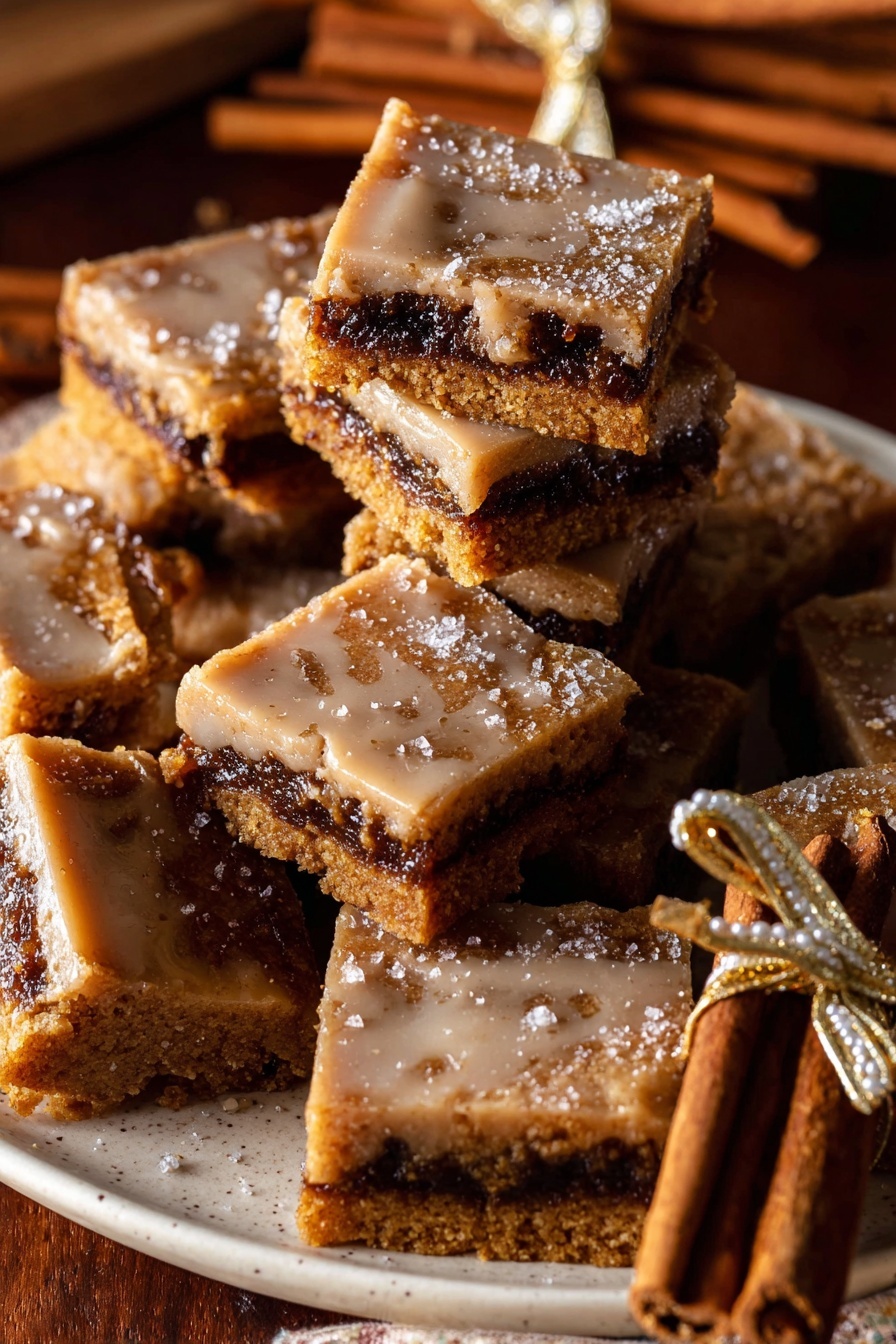 The image shows a group of square-shaped dessert bars arranged on a dark wire rack over a wooden surface. Each bar has two layers: a bottom and top layer of golden brown cake-like texture with a visible dark brown filling in the middle. The top of each bar is coated with a smooth light brown glaze that shines softly, with a sprinkle of coarse salt crystals adding texture. Some bars are stacked in pairs, creating a small tower in the center, and a few are wrapped loosely with a thin silver ribbon decorated with small crystals. Two cinnamon sticks tied with the same silver ribbon sit near the front, adding warmth to the scene. photo taken with an iphone --ar 2:3 --v 7 - Brown Butter Snickerdoodle Blondie Bars, snickerdoodle blondie bars, cinnamon blondie bars, apple cider glaze blondies, caramelized butter blondies