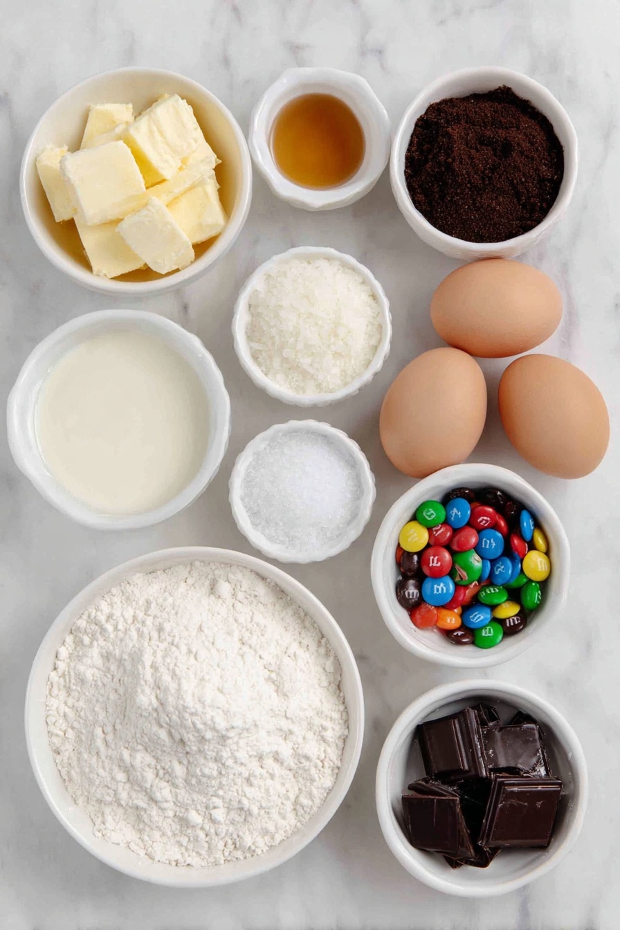 Flat lay of a small white ceramic bowl of golden brown butter chunks starting to brown, a small white ceramic bowl of packed dark brown sugar, a small white ceramic bowl of fine granulated white sugar, two large whole brown eggs with clean shells, a small white ceramic bowl of clear vanilla extract, a small white ceramic bowl of pale all-purpose flour, a small white ceramic bowl with light beige baking soda, a small white ceramic bowl of coarse kosher salt, a small white ceramic bowl filled with glossy semi-sweet chocolate chips, a small white ceramic bowl of colorful Christmas M&M's, a small white ceramic bowl holding halved shiny milk chocolate Hershey’s Kisses, and a small white ceramic bowl of flaky sea salt crystals, all perfectly arranged with balanced spacing and symmetry, placed on a clean white marble surface, soft natural light, photo taken with an iPhone, professional food photography style, fresh ingredients, white ceramic bowls, no bottles, no duplicates, no utensils, no packaging --ar 2:3 --v 7 --p m7354615311229779997 - Brown Butter M&M Cookie Bars, chocolate chip cookie bars, festive cookie bar recipe, chewy M&M bars, easy cookie bar dessert