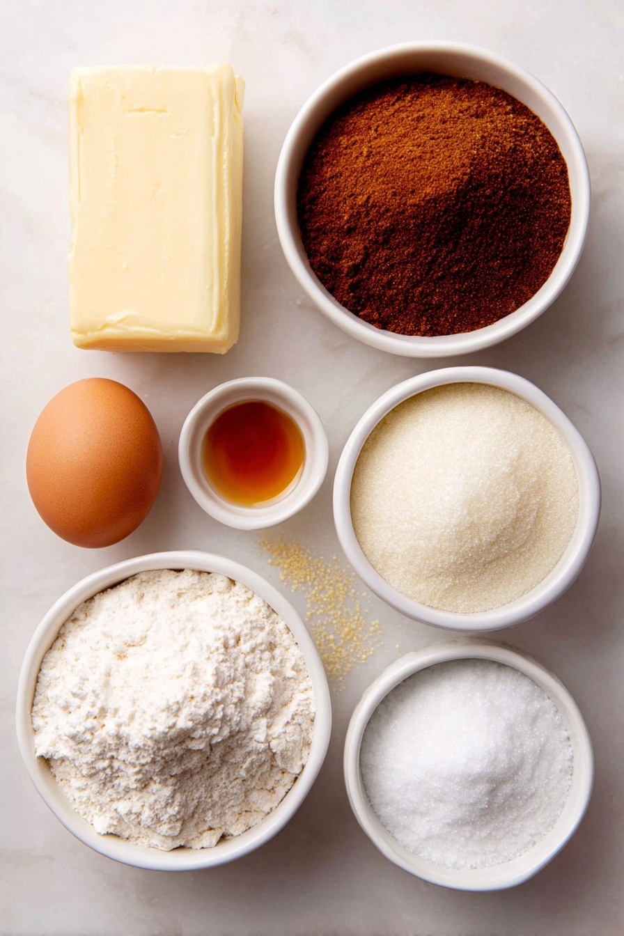 Flat lay of a stick of salted butter at room temperature, a small white ceramic bowl of packed brown sugar, a single whole uncracked brown egg, a small white ceramic bowl of pale amber bourbon, a small white ceramic bowl of clear vanilla extract, a white ceramic bowl filled with all-purpose flour, a small white ceramic bowl of ground cinnamon, a small white ceramic bowl with grated nutmeg, a small white ceramic bowl of baking soda, a small white ceramic bowl of coarse kosher salt, a white ceramic bowl of powdered sugar, a small white ceramic bowl of smooth eggnog, and a few golden edible dust sprinkles scattered neatly nearby, all ingredients fresh and natural, arranged with perfect symmetry in realistic proportions, placed on a clean white marble surface, soft natural light, photo taken with an iPhone, professional food photography style, fresh ingredients, white ceramic bowls, no bottles, no duplicates, no utensils, no packaging --ar 2:3 --v 7 --p m7354615311229779997 - Vanilla Eggnog Cookie, holiday cookie recipes, festive cookies, eggnog cookies, Christmas baking ideas