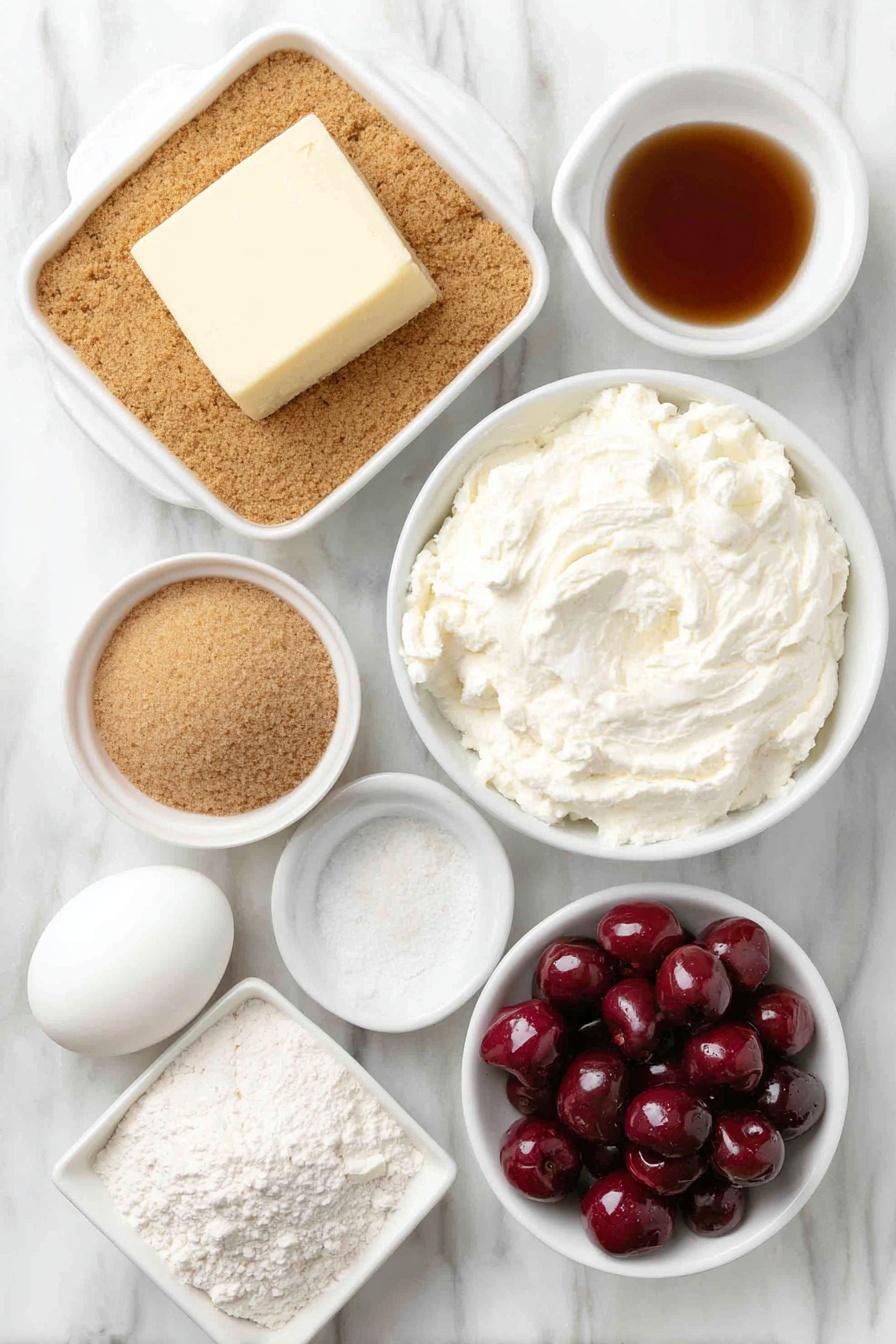Flat lay of finely crushed golden-brown graham crackers in a small white bowl, smooth white all-purpose flour in another small white bowl, a small mound of pale beige baking powder beside them, a square of soft pale yellow unsalted butter, a small heap of light brown packed brown sugar, one whole clean white egg with an uncracked shell, a round white ceramic dish holding soft white cream cheese, a separate small white bowl with white granulated sugar, a tiny white bowl with clear pale amber vanilla extract, and fresh glossy deep red cherries with some cherry pie filling visible in a simple white bowl, all arranged in perfect symmetry on a clean white marble surface, soft natural light, photo taken with an iPhone, professional food photography style, fresh ingredients, white ceramic bowls, no bottles, no duplicates, no utensils, no packaging --ar 2:3 --v 7 --p m7354615311229779997 - Cherry Cheesecake Cookies, cherry cheesecake dessert, easy cookies with cherry and cream cheese, summer fruit cookie recipes, festive cheesecake cookies